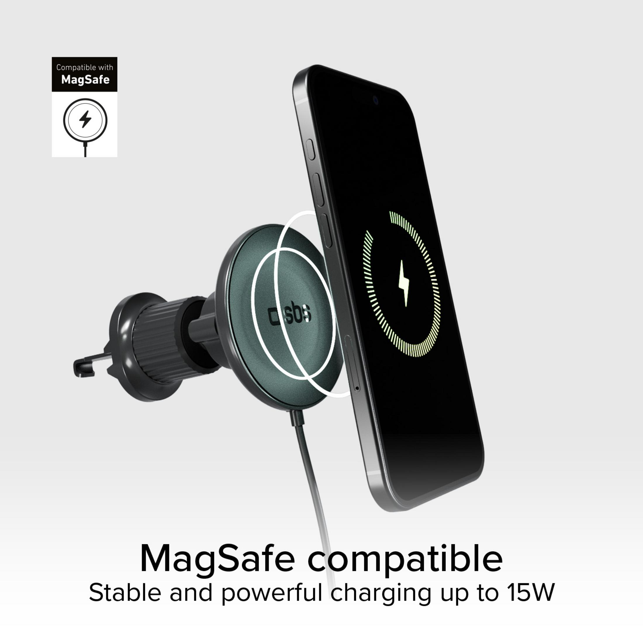 Supporto di ricarica compatibile MagSafe con iPhone, su sfondo grigio.