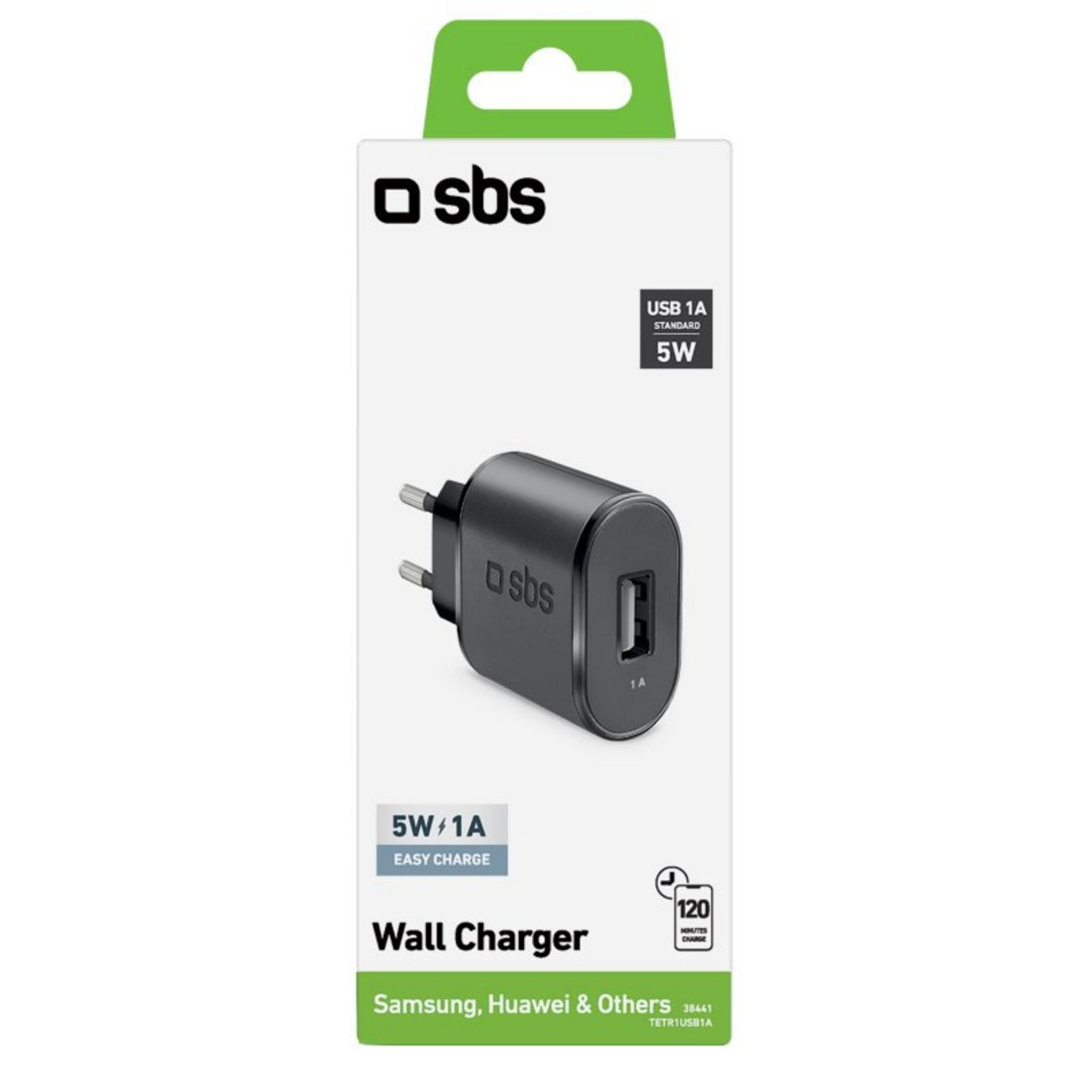 Caricatore da muro SBS USB 1A nero con due pin e una porta USB.
