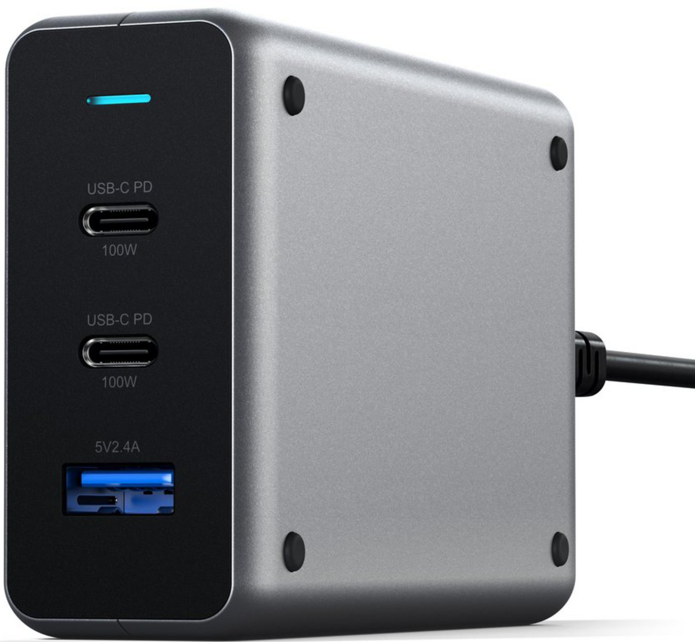 Hub USB-C PD gris con dos puertos de 100W y un puerto de 5V/2.4A.