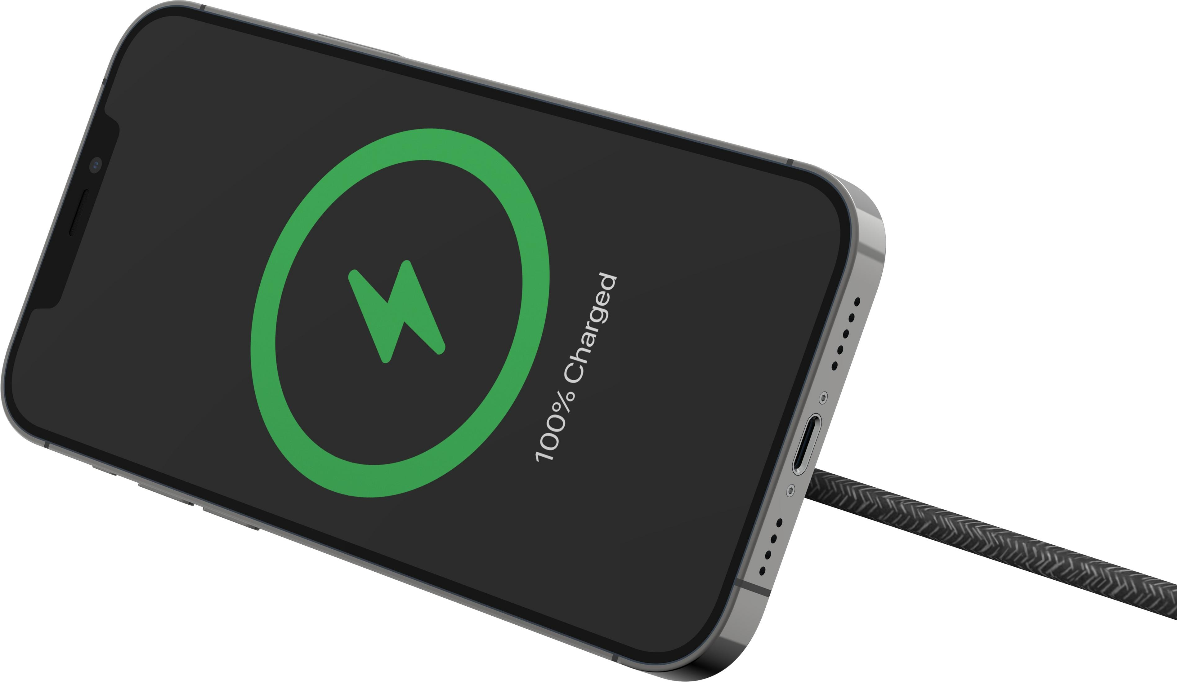 Ein Smartphone mit 100% Ladestatus und einem Blitzsymbol.