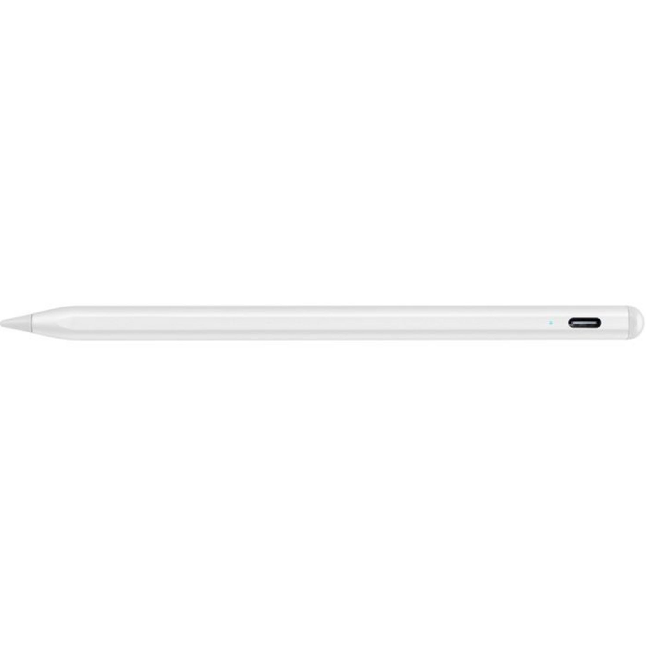 Ein weißer Stylus-Stift mit spitzer Spitze und Ladeanschluss an der Seite.