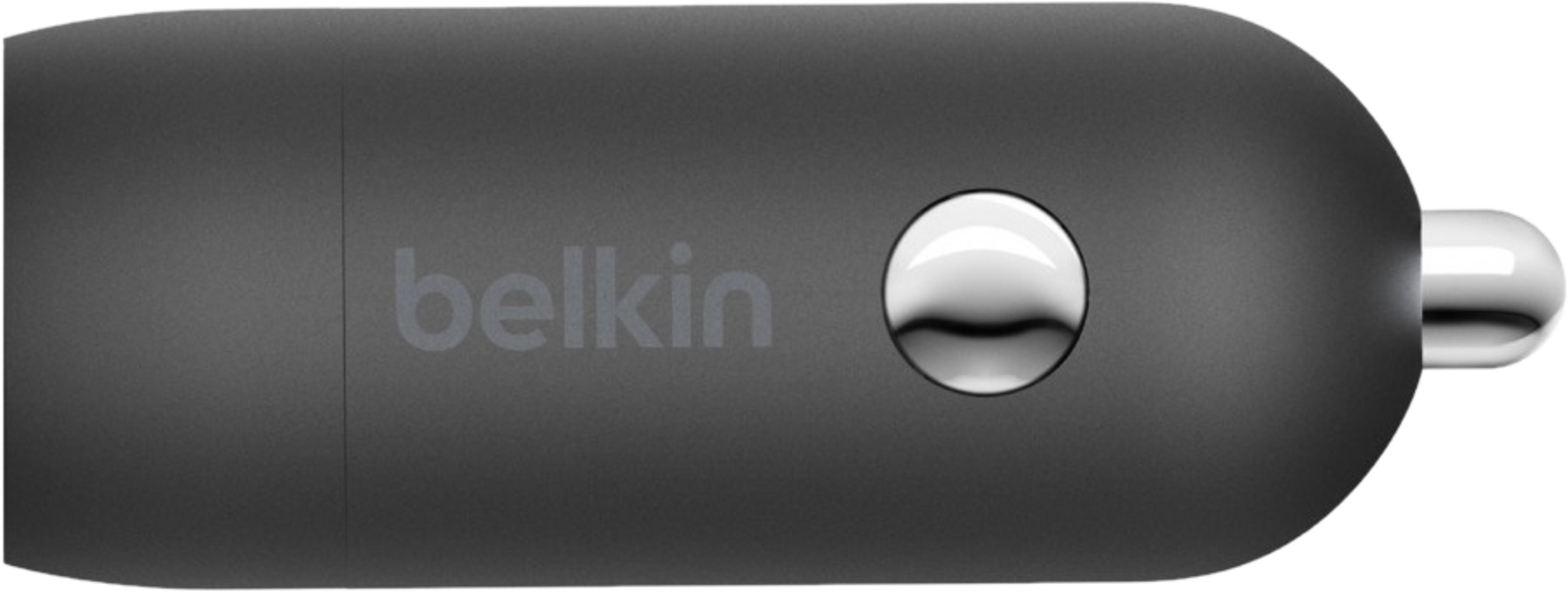 Caricatore grigio scuro con logo Belkin e pulsante argentato.