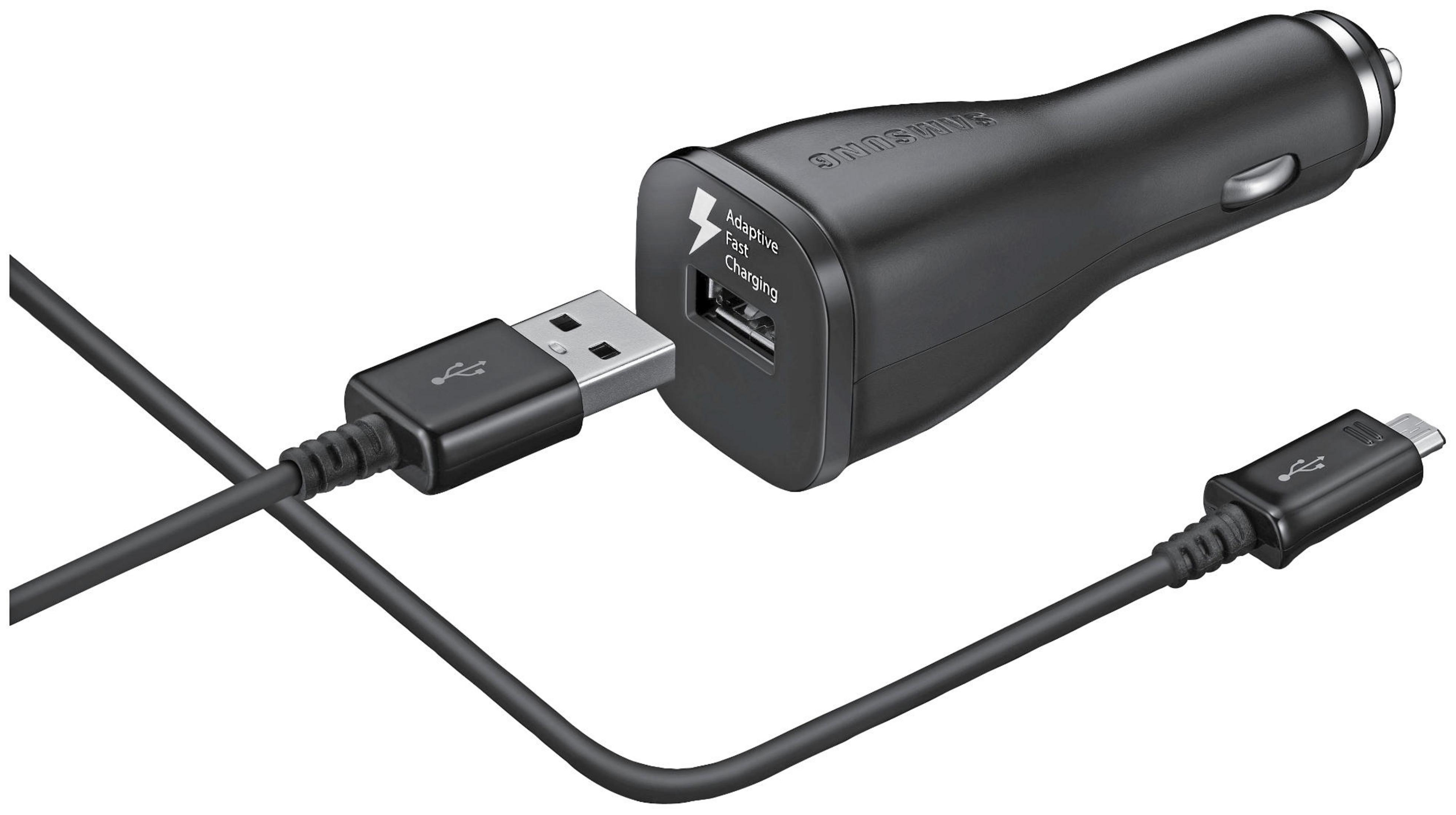 Schwarzer Samsung KFZ-Ladeadapter mit USB-A-Anschluss und Kabel