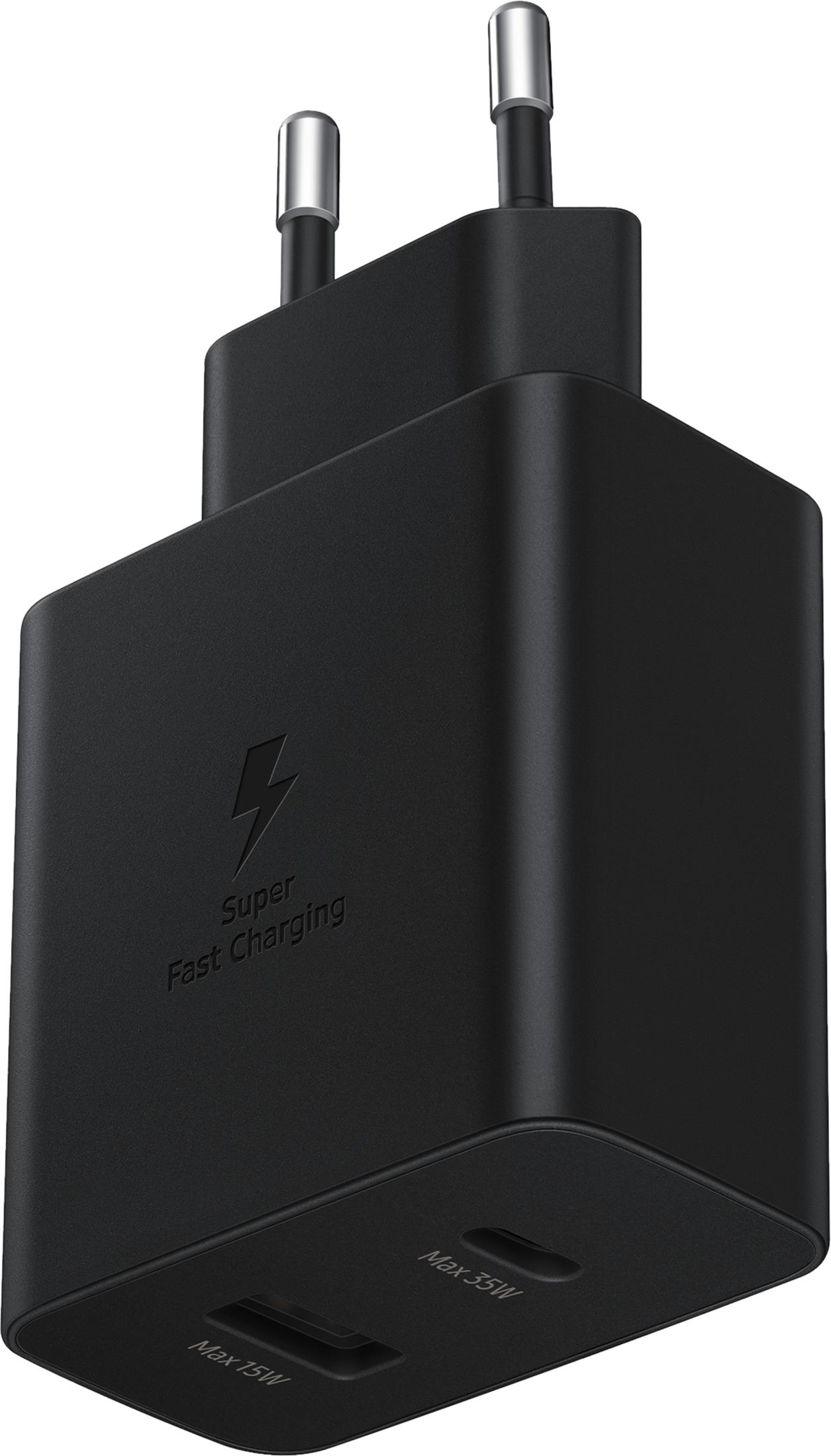 Schwarzes Ladegerät mit Blitzsymbol und „Super Fast Charging“.