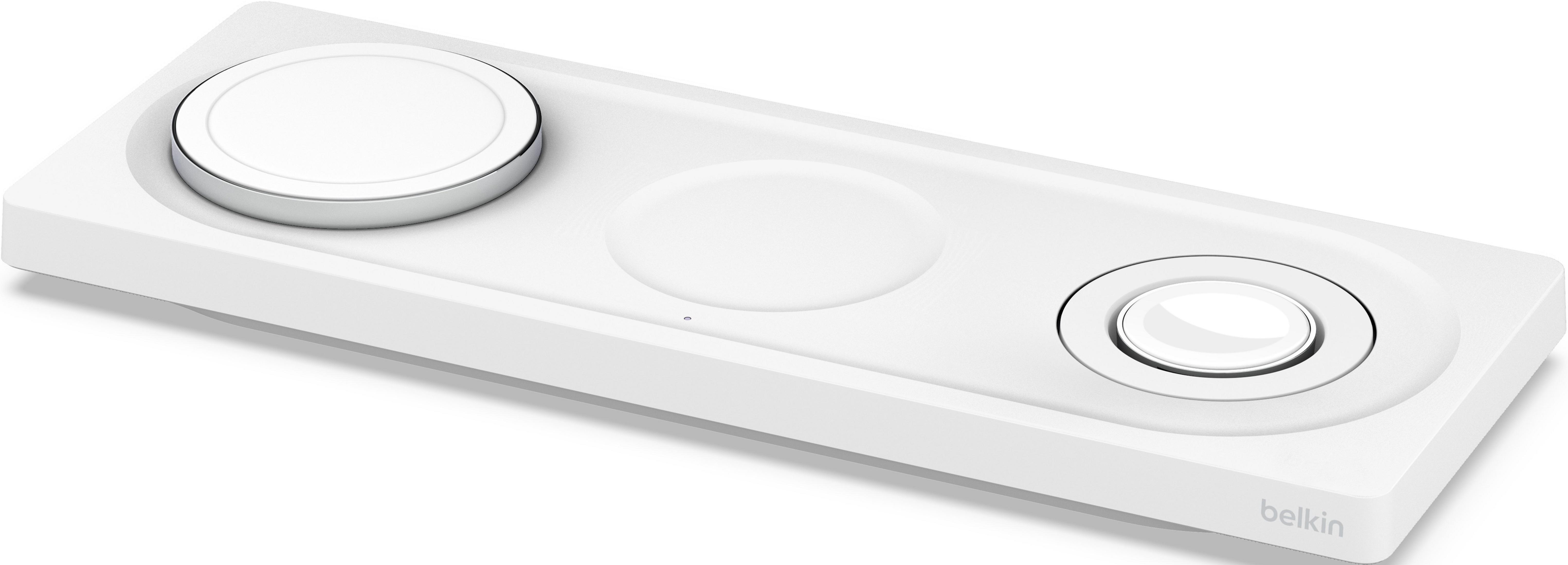 Een wit oplaaddock voor Apple Watch en iPhone met zilveren accenten.