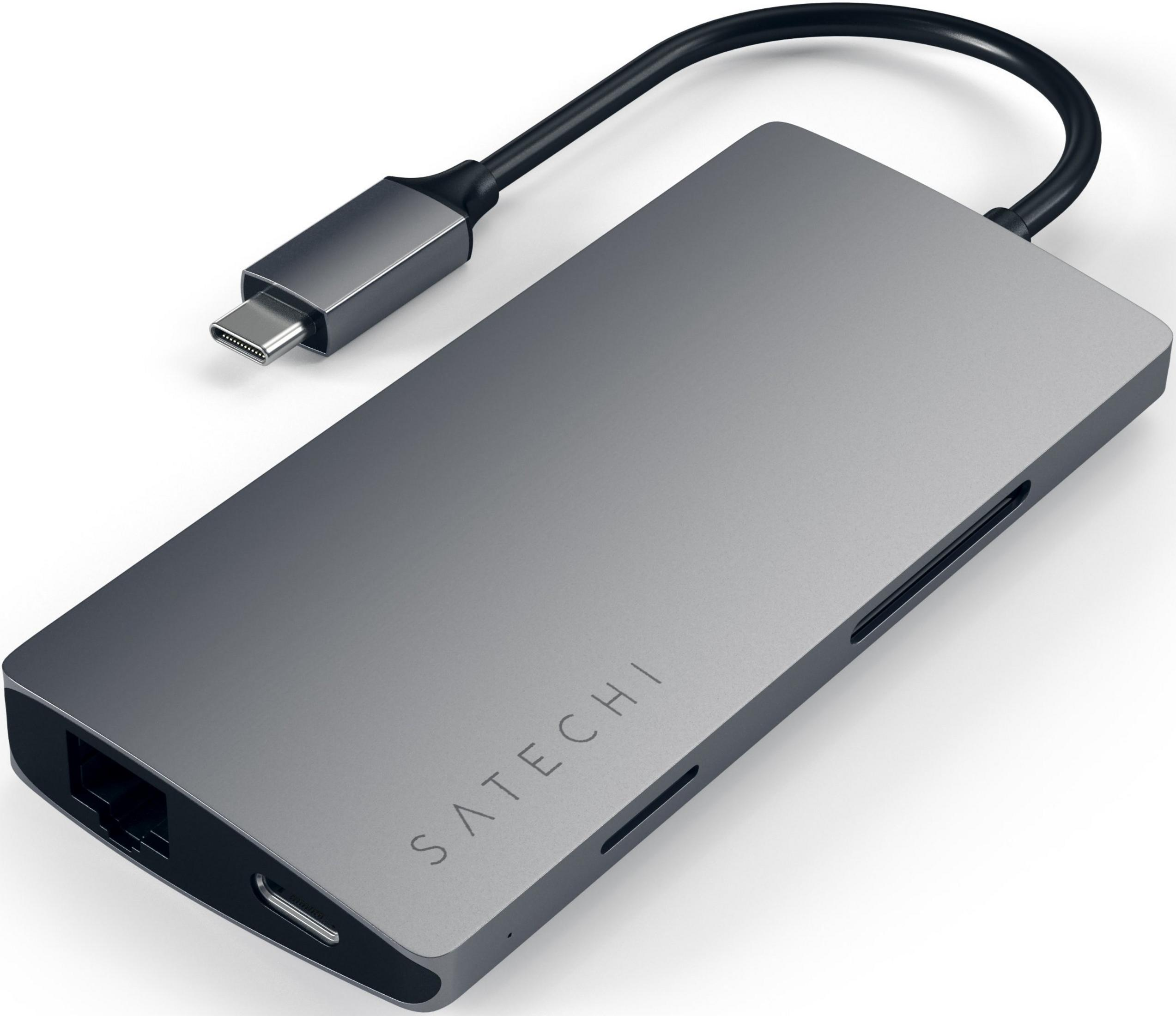 Grauer USB-C-Hub mit Kabel und Stecker, Ports an der Seite und Unterseite.
