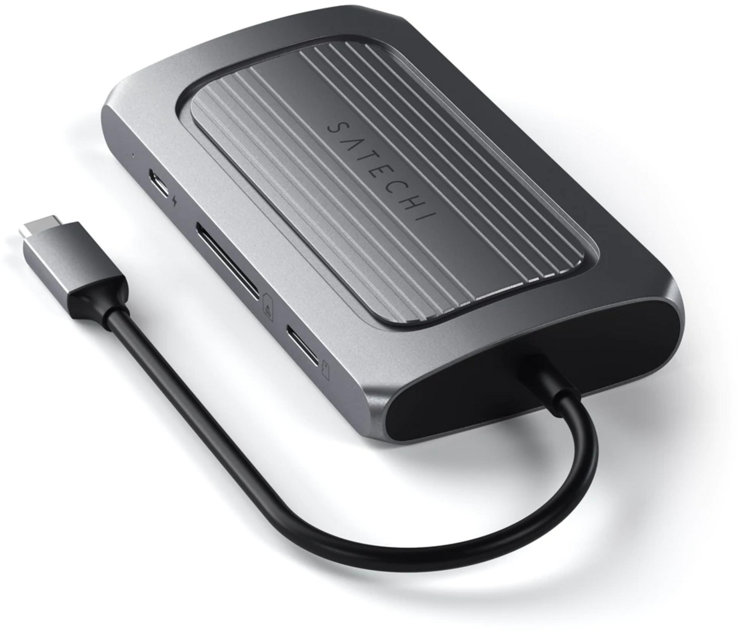 Grauer USB-C Hub mit Schlitzen für SD- und Micro-SD-Karten.
