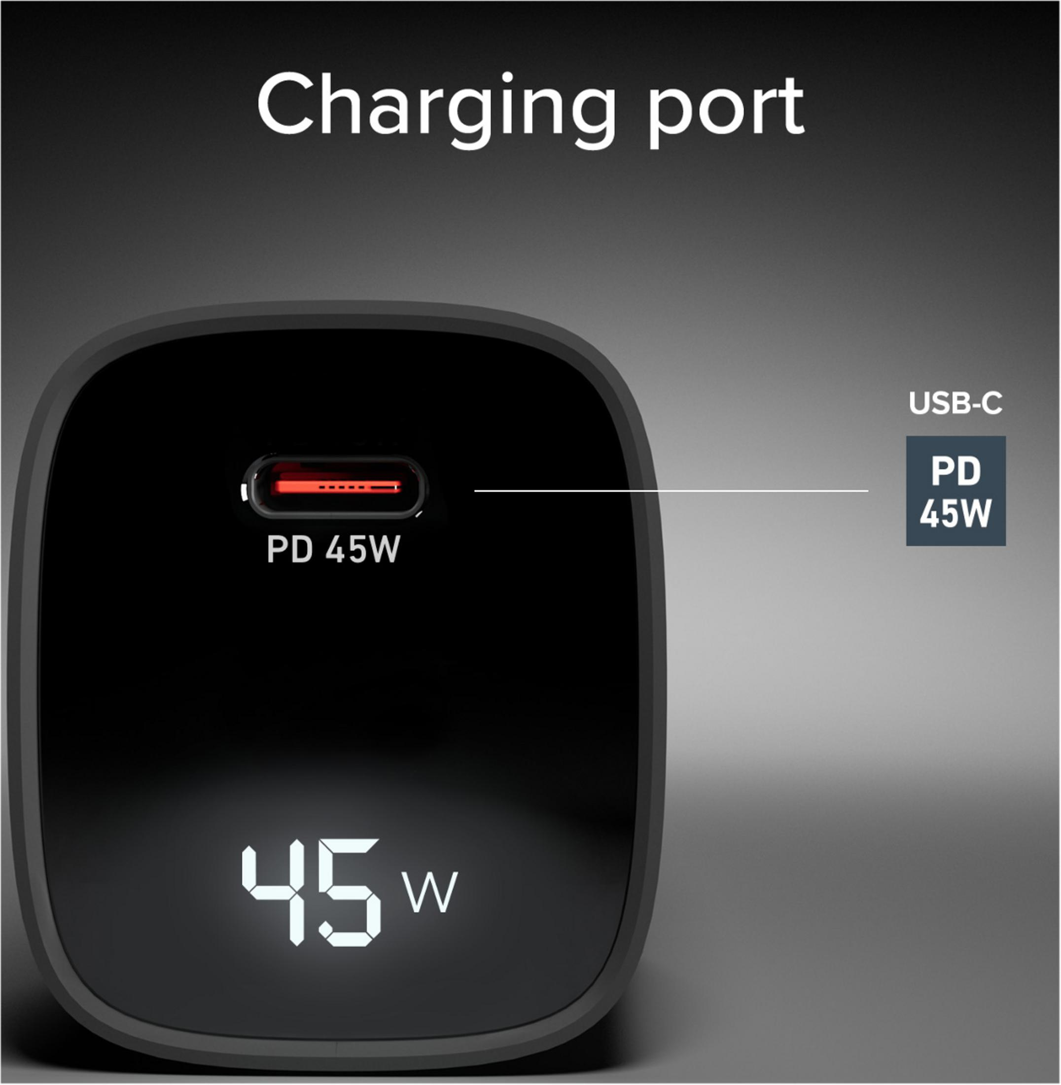 Czarna ładowarka USB-C PD 45W z podświetlanym portem i wyświetlaczem.