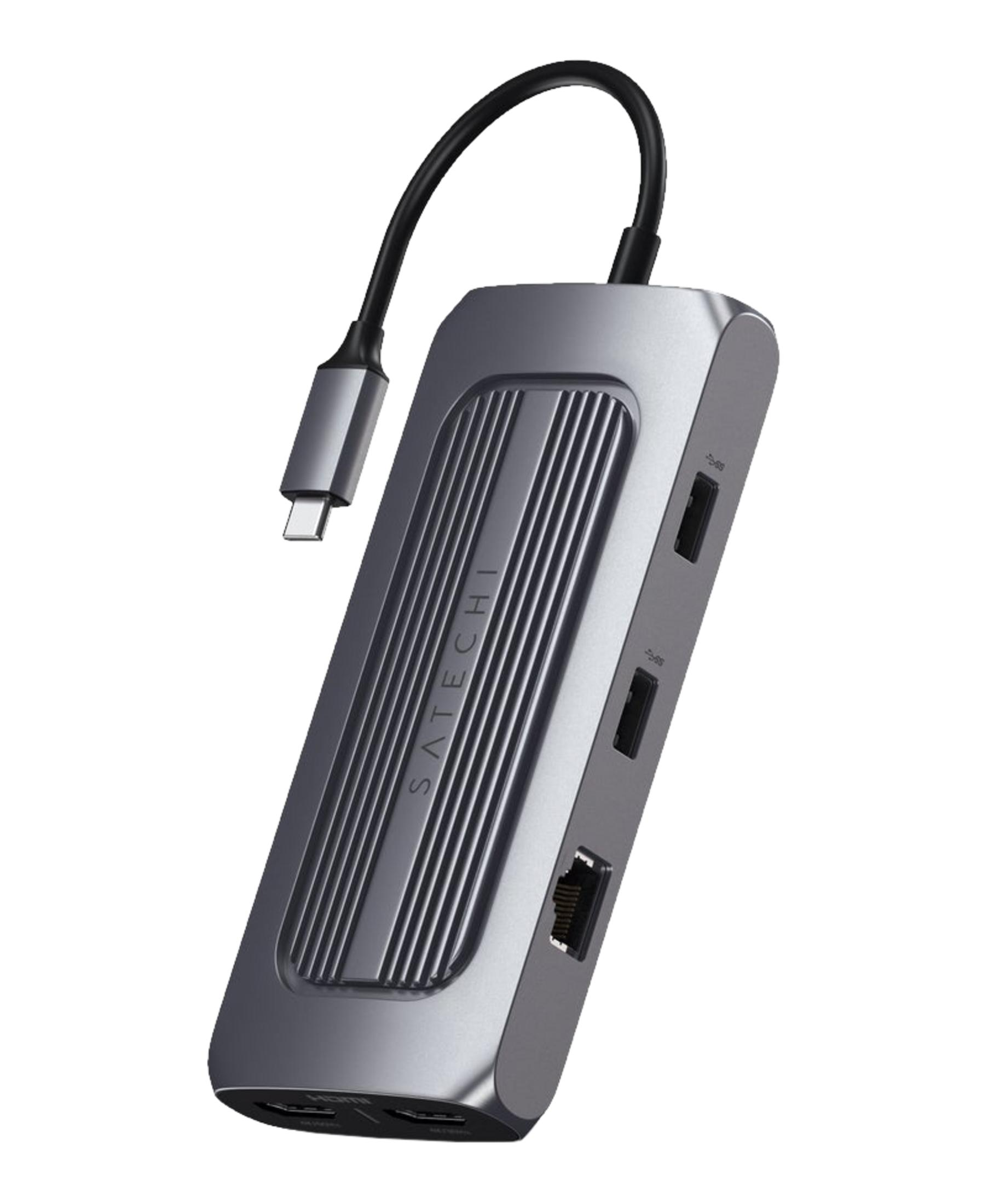 Hub USB-C grigio con porta di ricarica, HDMI, Ethernet e porte USB.