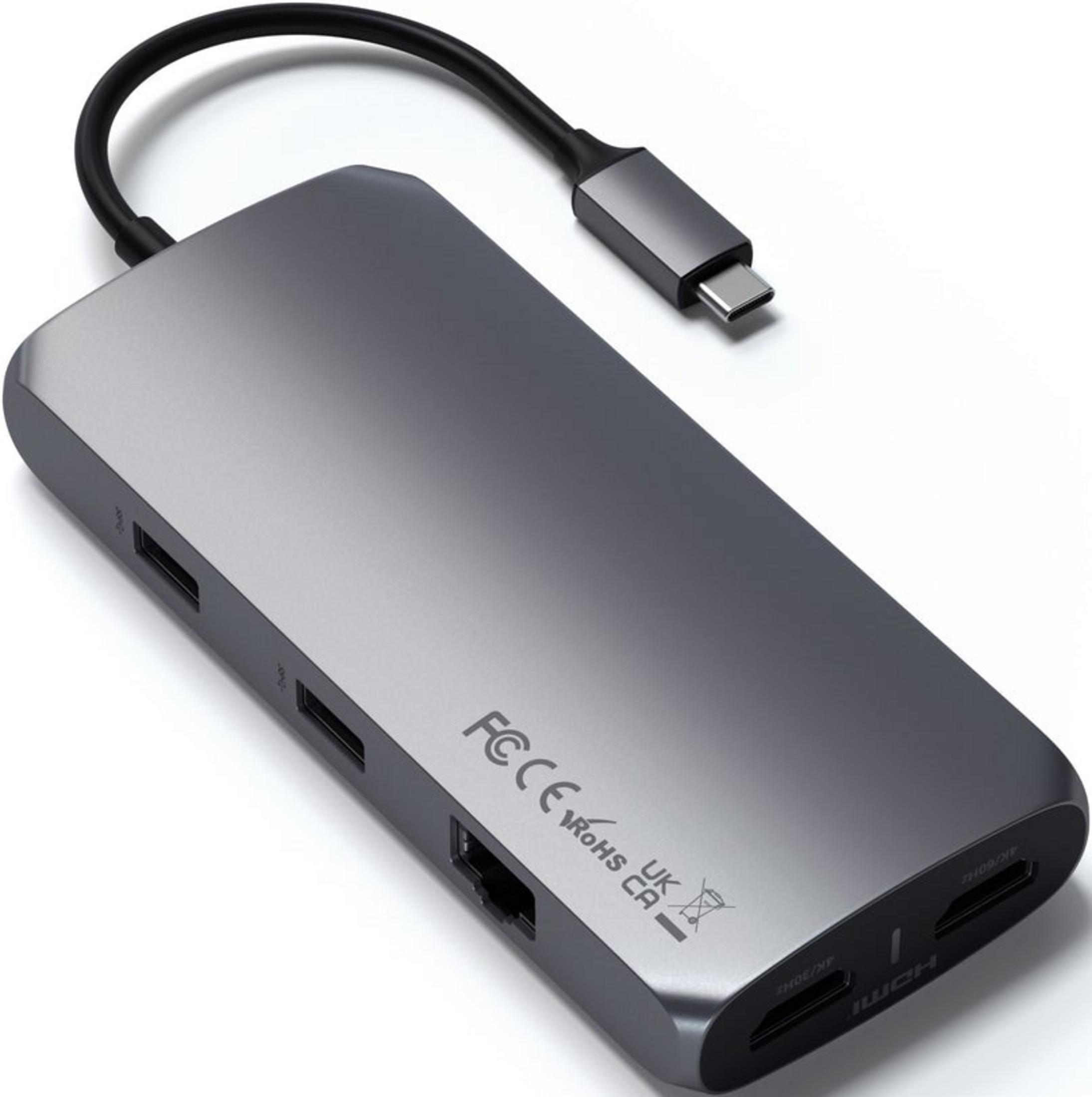 Hub USB-C grigio con più porte tra cui HDMI e USB.