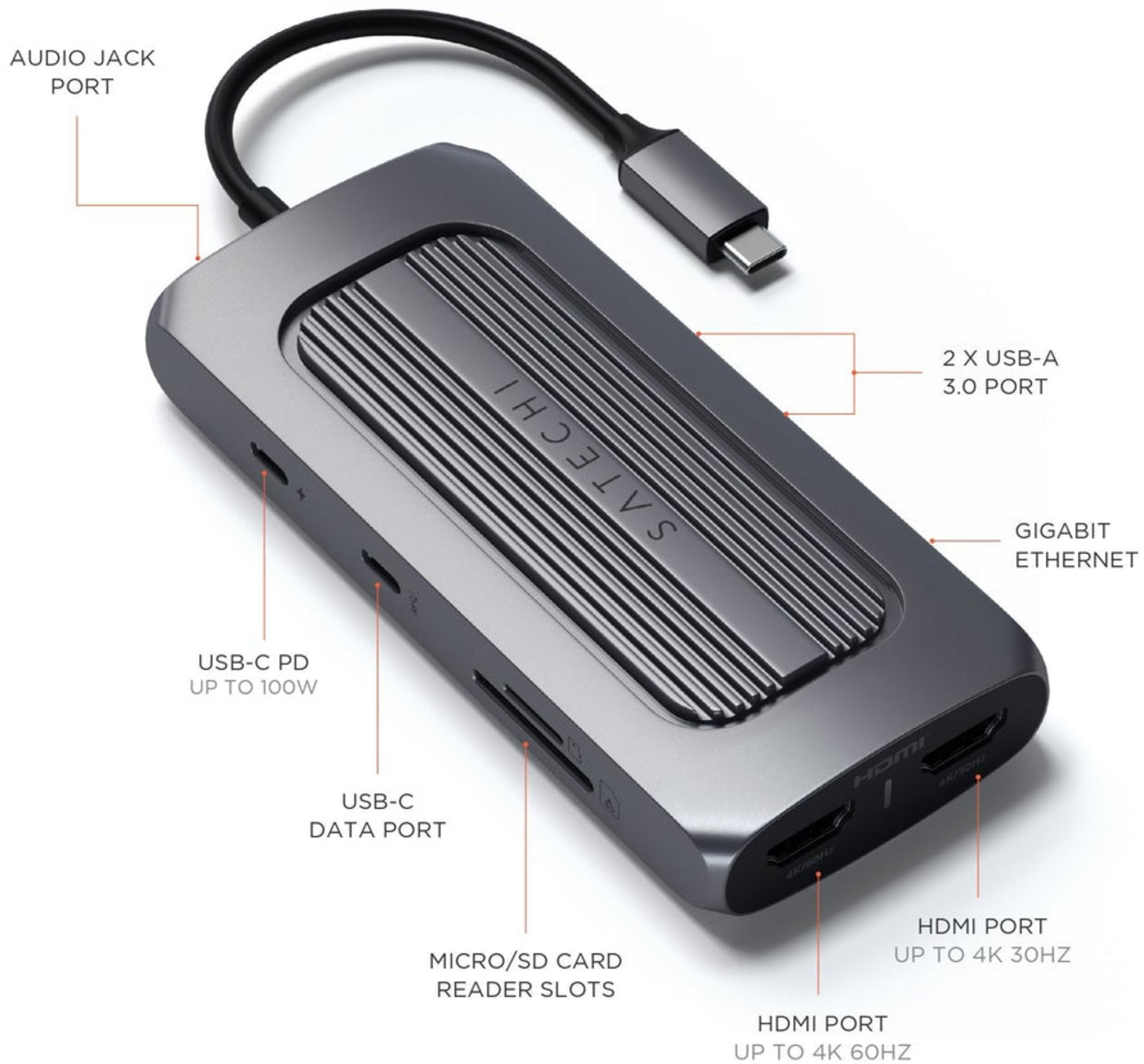Hub USB-C grigio con porte: audio, USB-A, Ethernet, HDMI, USB-C.