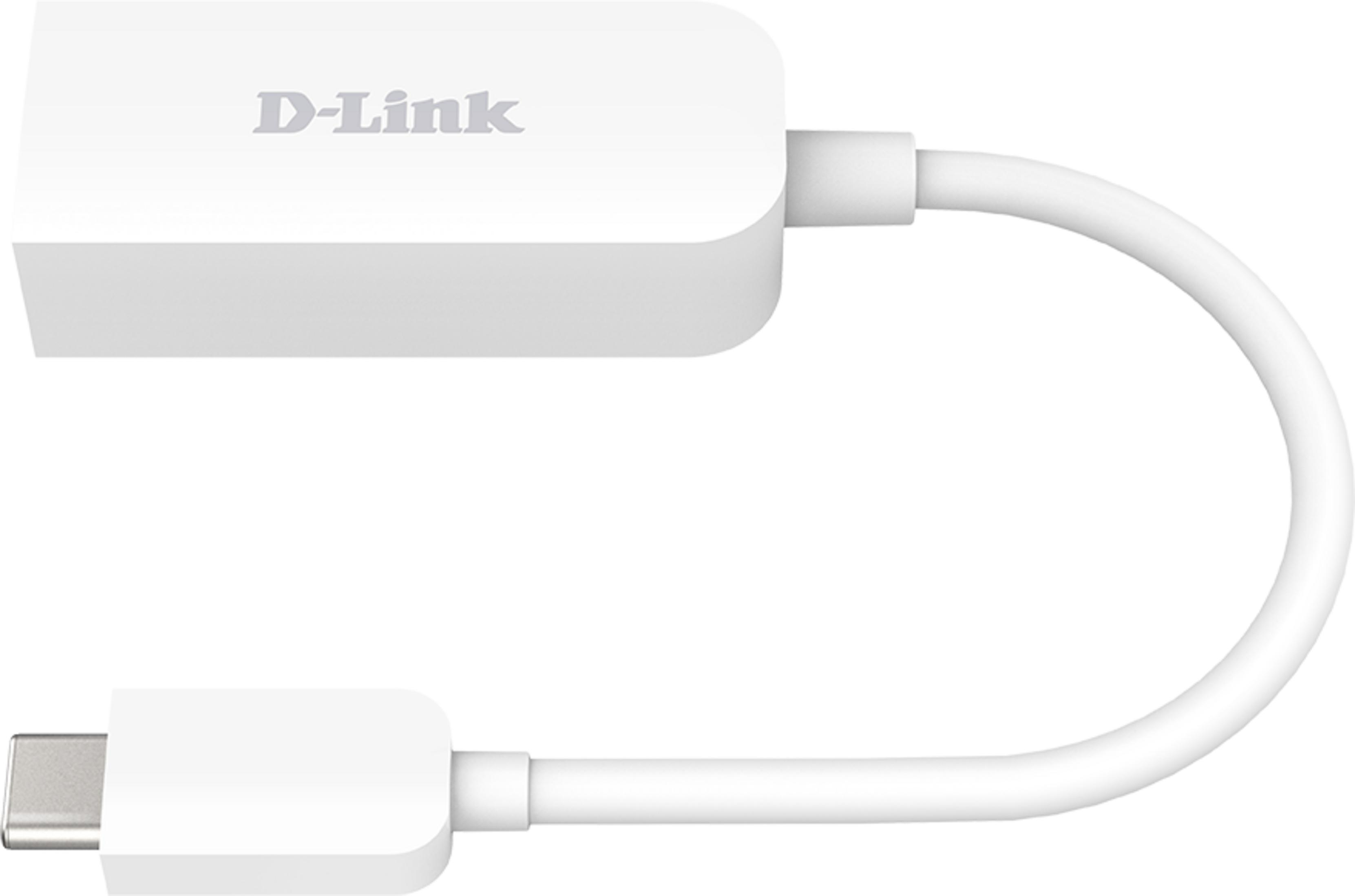 Un adaptador USB-C blanco de D-Link con cable.