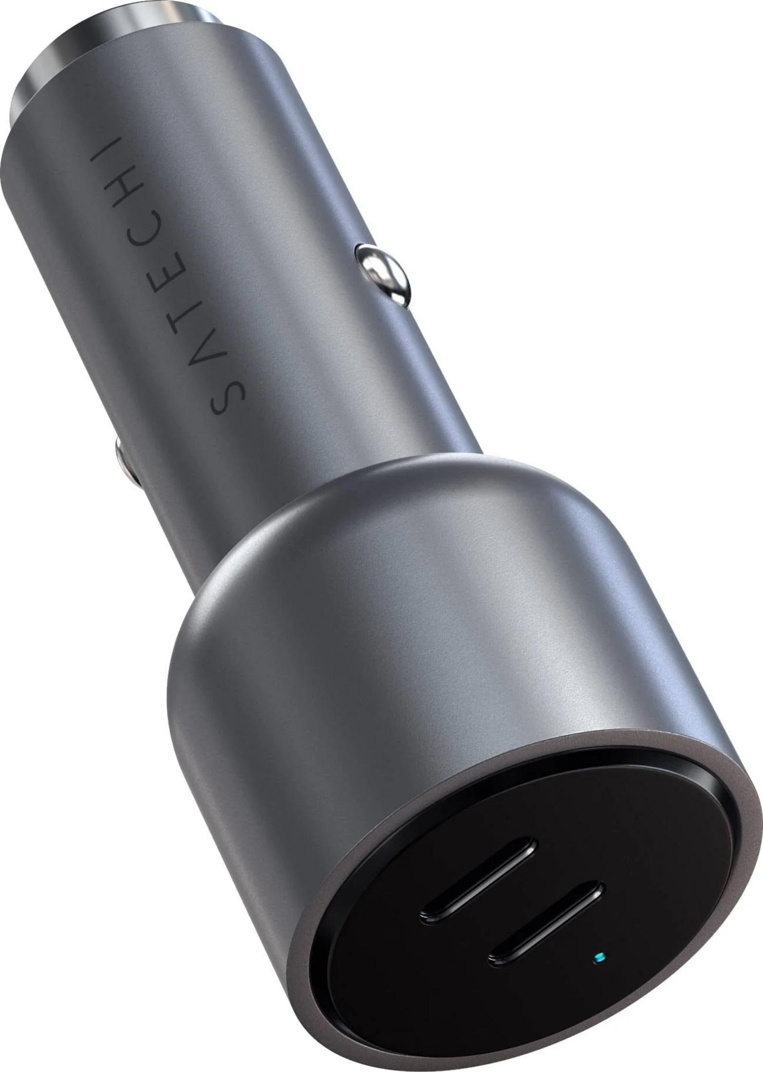 Caricabatterie auto Satechi grigio con due porte USB e un LED blu.