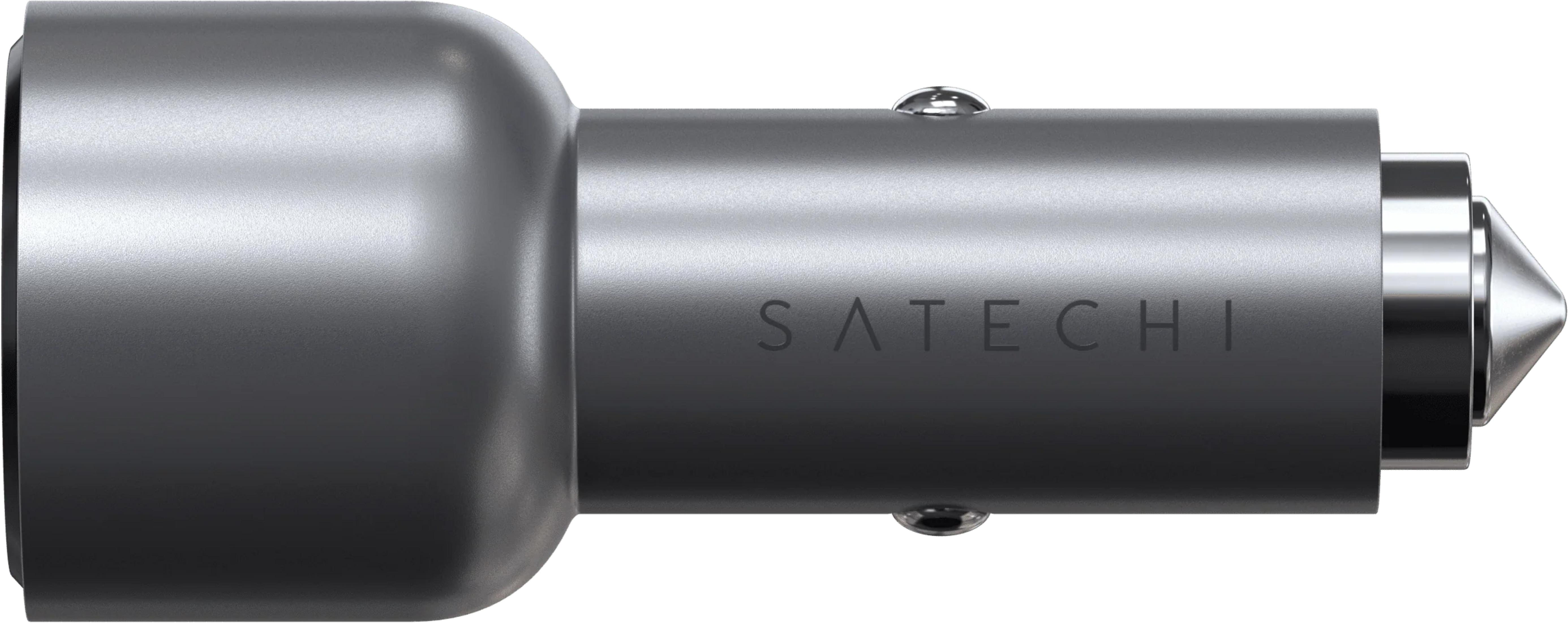Un adattatore caricabatterie per auto Satechi grigio con accenti argentati e due porte USB.