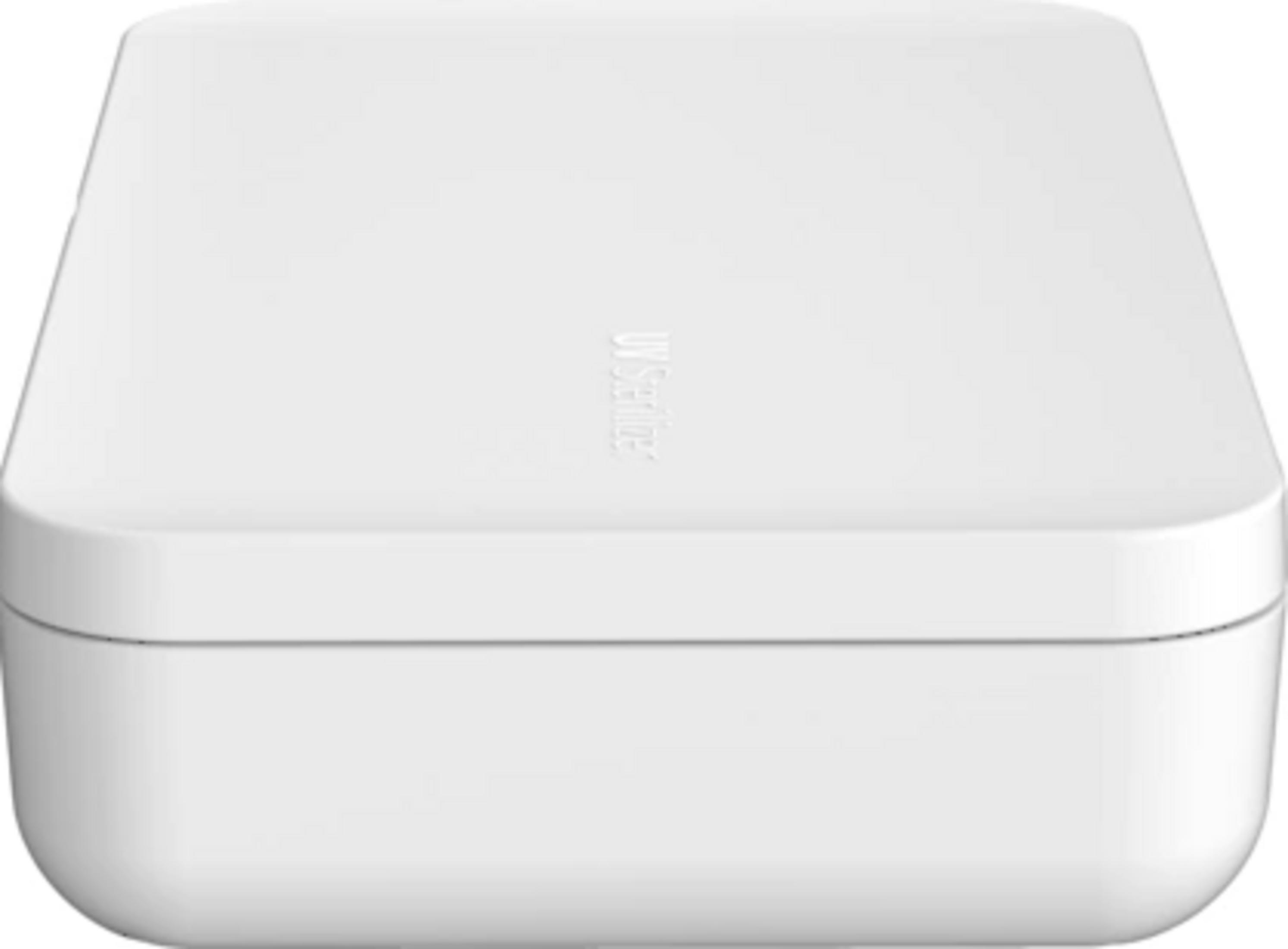 White UV sanitizer box with rounded edges and visible logo.