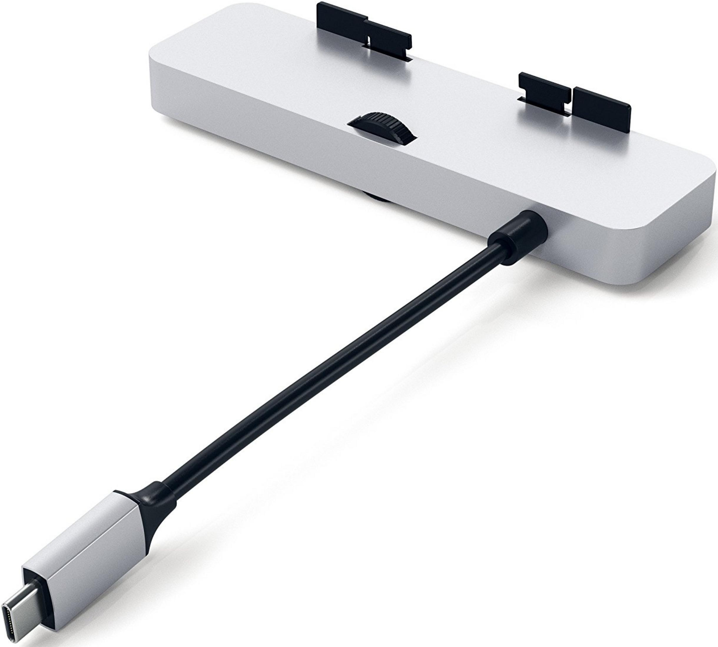 Ein silberner USB-C-Hub mit schwarzem Kabel und drehbarem Rad.