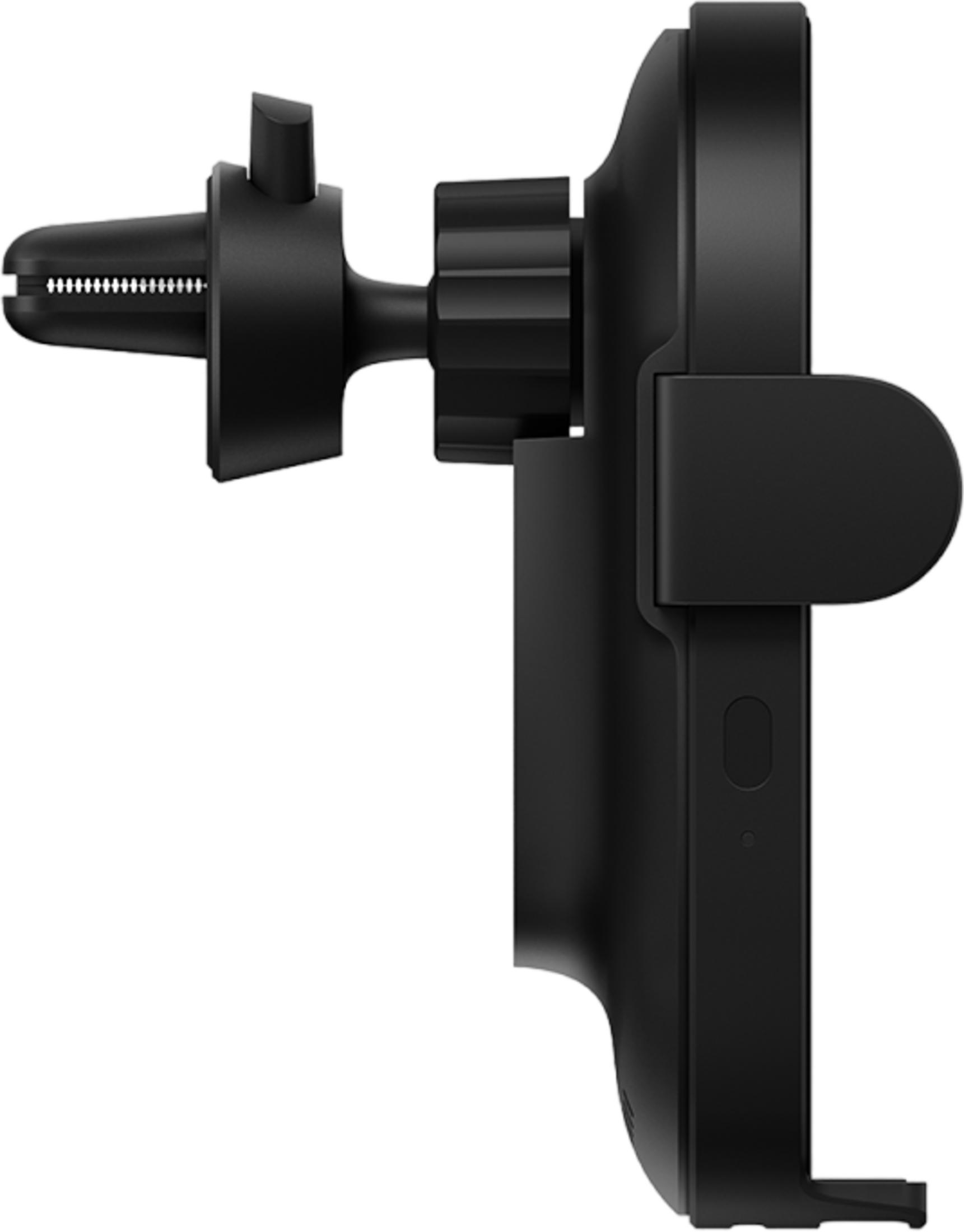 Soporte negro para teléfono con rejilla de ventilación, brazo ajustable y rueda.