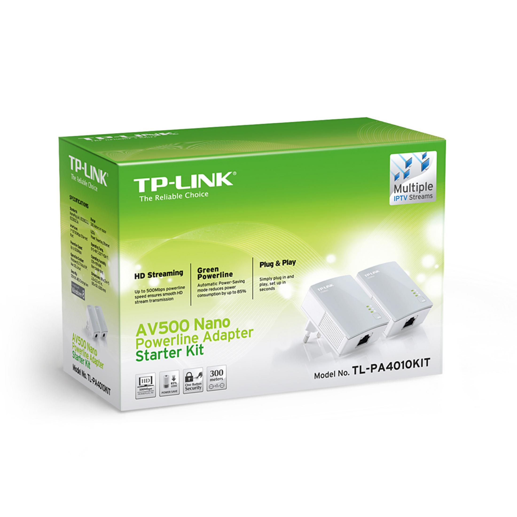 TP-Link AV500 Nano Powerline Adapter Starter Kit auf grünem Karton.