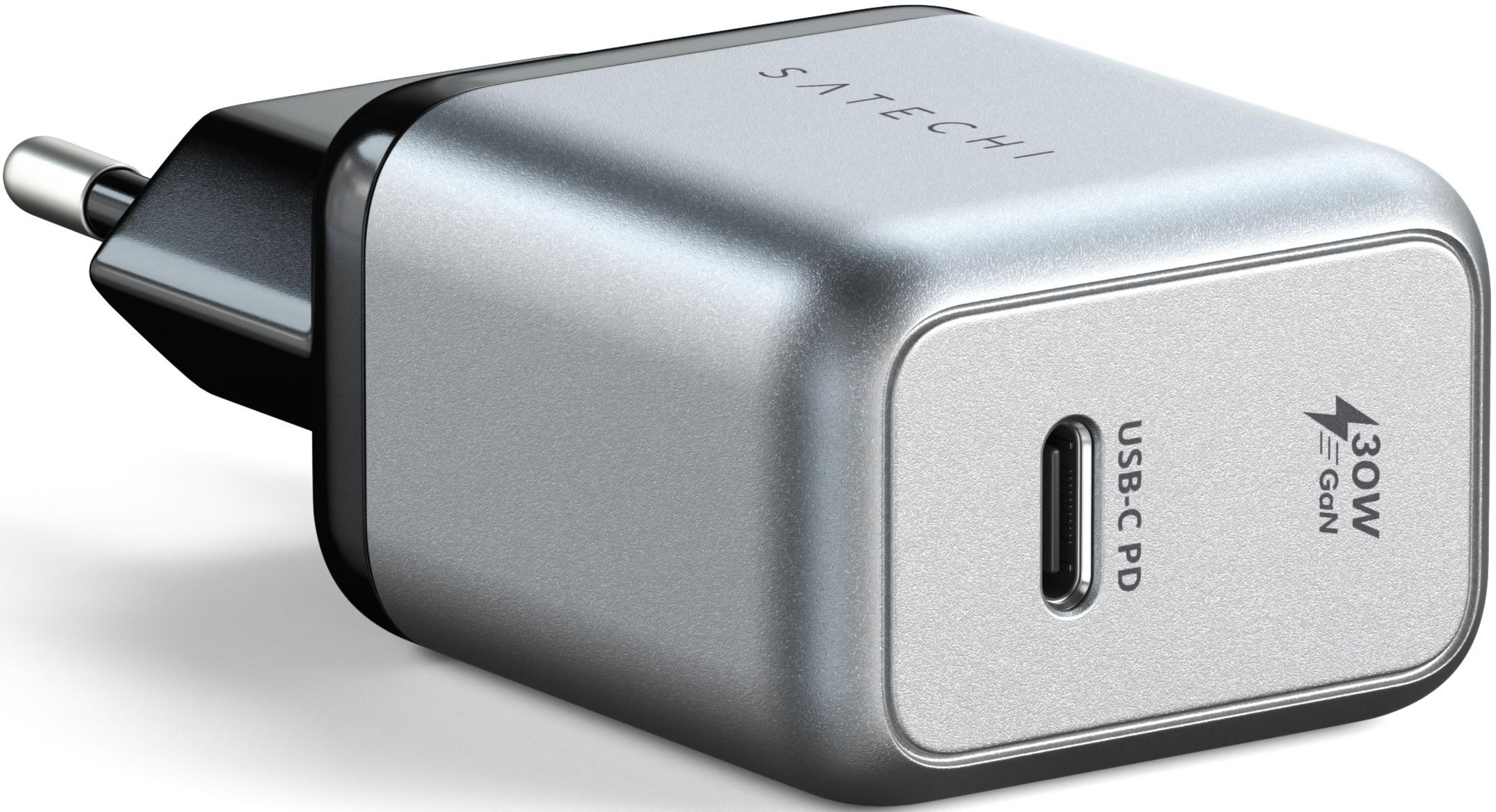 Caricatore USB-C GaN argento da 30W con una porta USB-C PD.