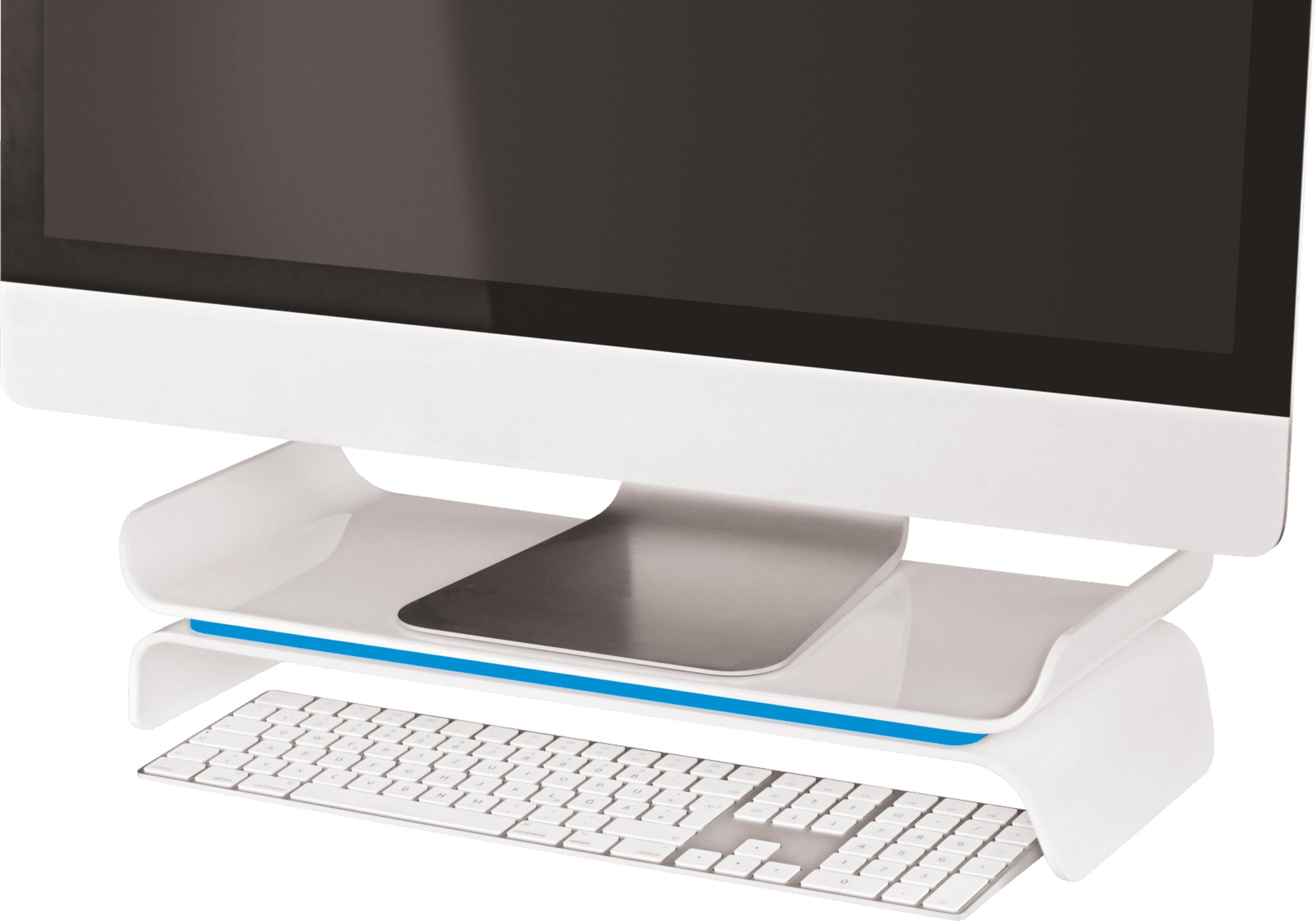 Biały stojak pod monitor z klawiaturą z przodu.