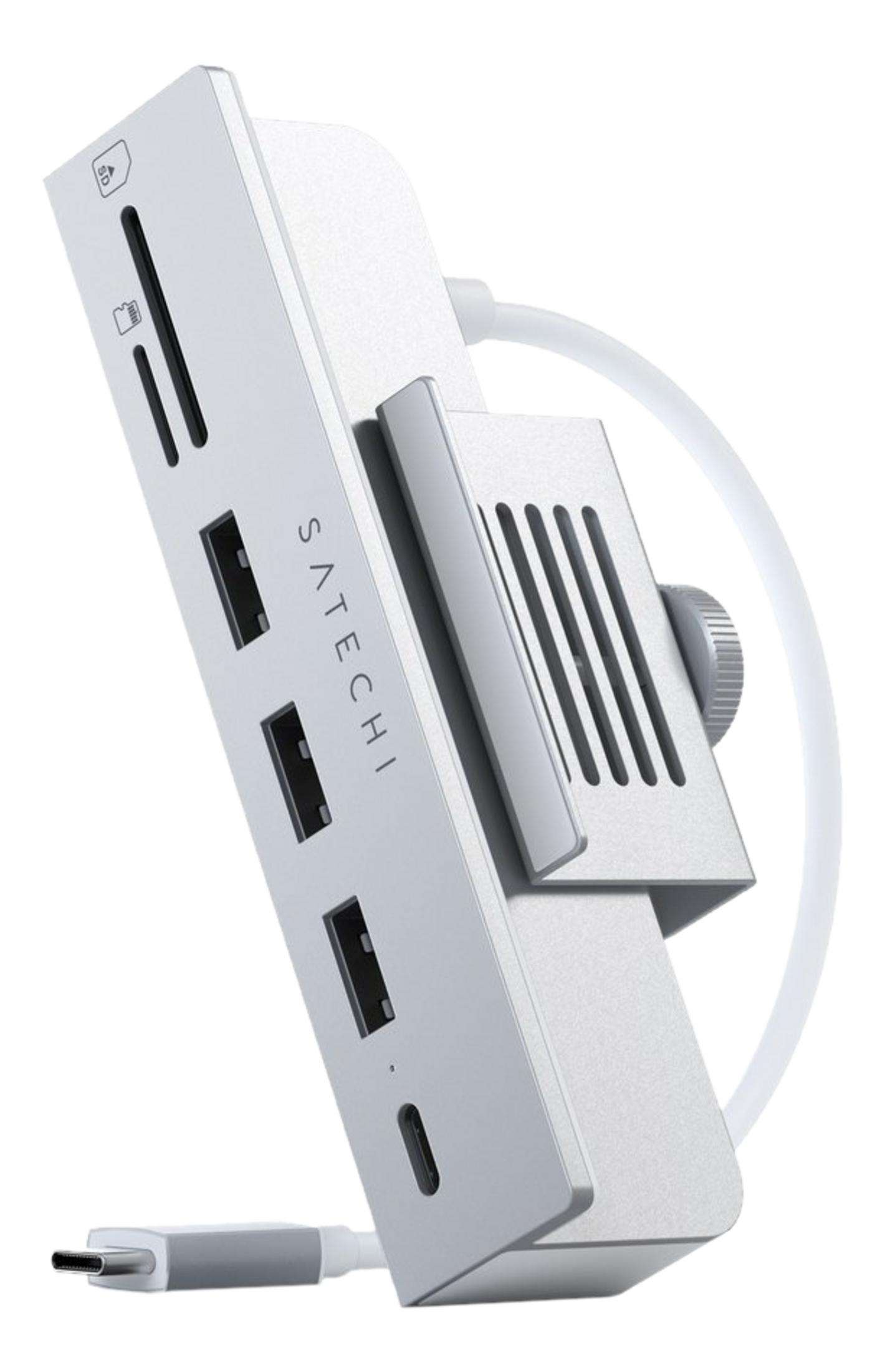 Silberner USB-C-Hub mit SD-/Micro-SD-Slots und mehreren USB-Anschlüssen.