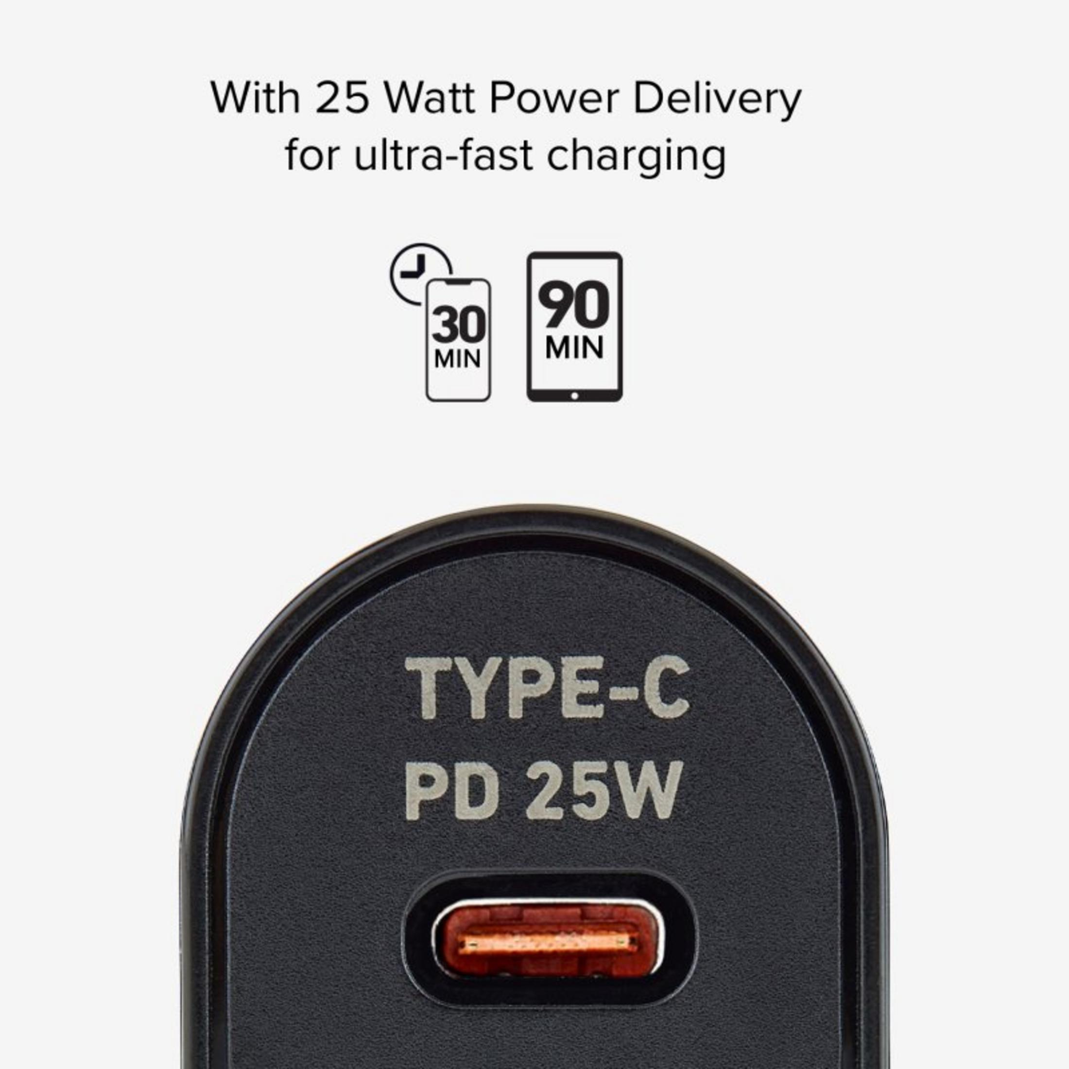 Primo piano di un caricatore nero con porta USB-C e 25W PD.