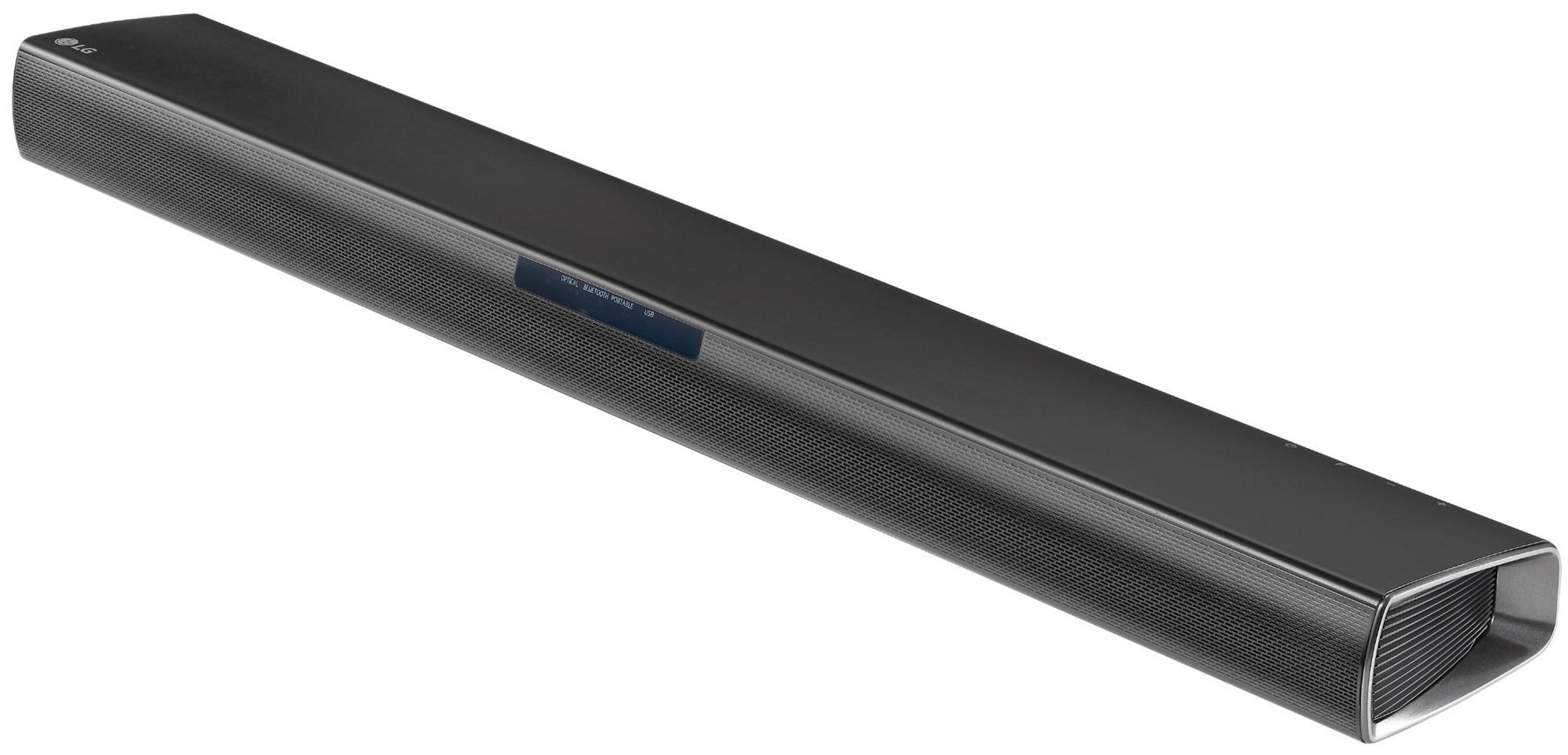 Barra de sonido LG negra con rejilla metálica y pantalla pequeña.