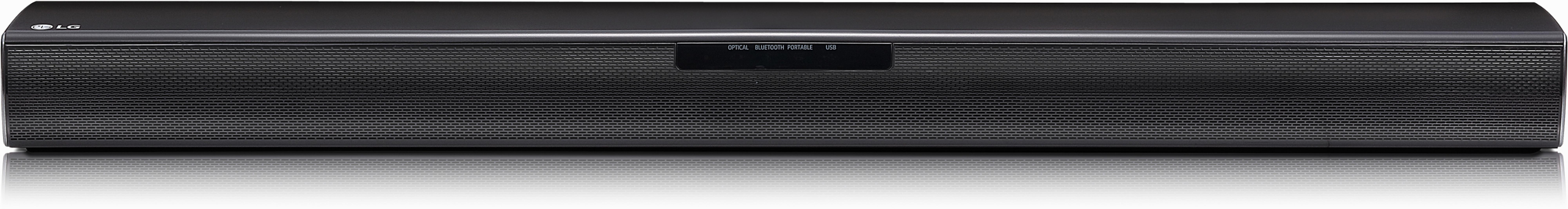 Barra de sonido LG negra con rejilla de altavoz y pantalla.