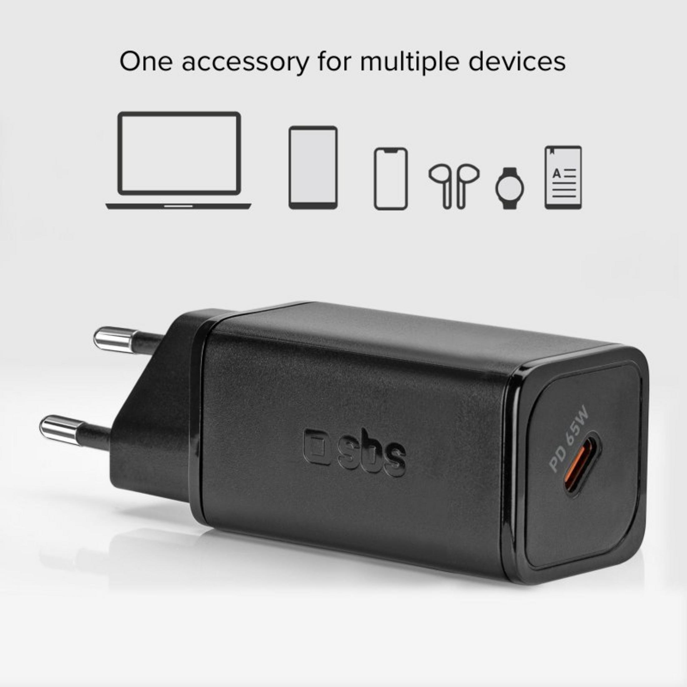 Caricatore USB-C nero 65W PD per laptop, tablet, telefoni e auricolari.