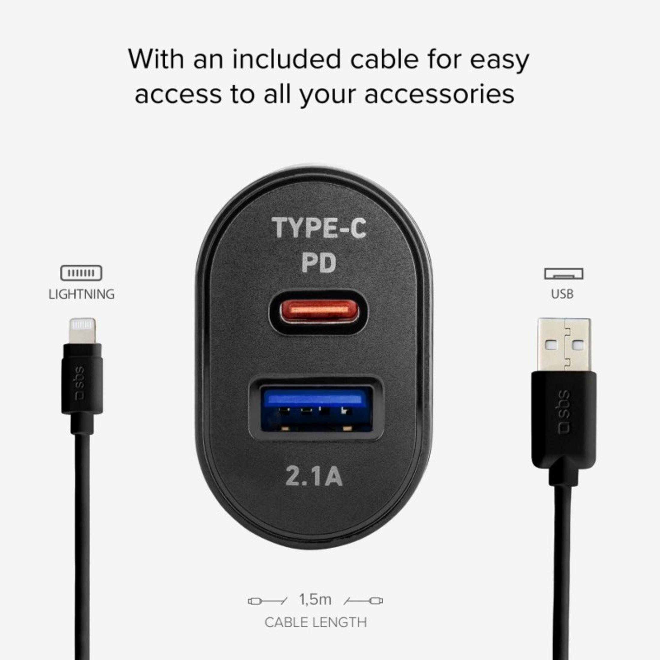 Caricatore nero con porte USB-A, USB-C PD e cavi.