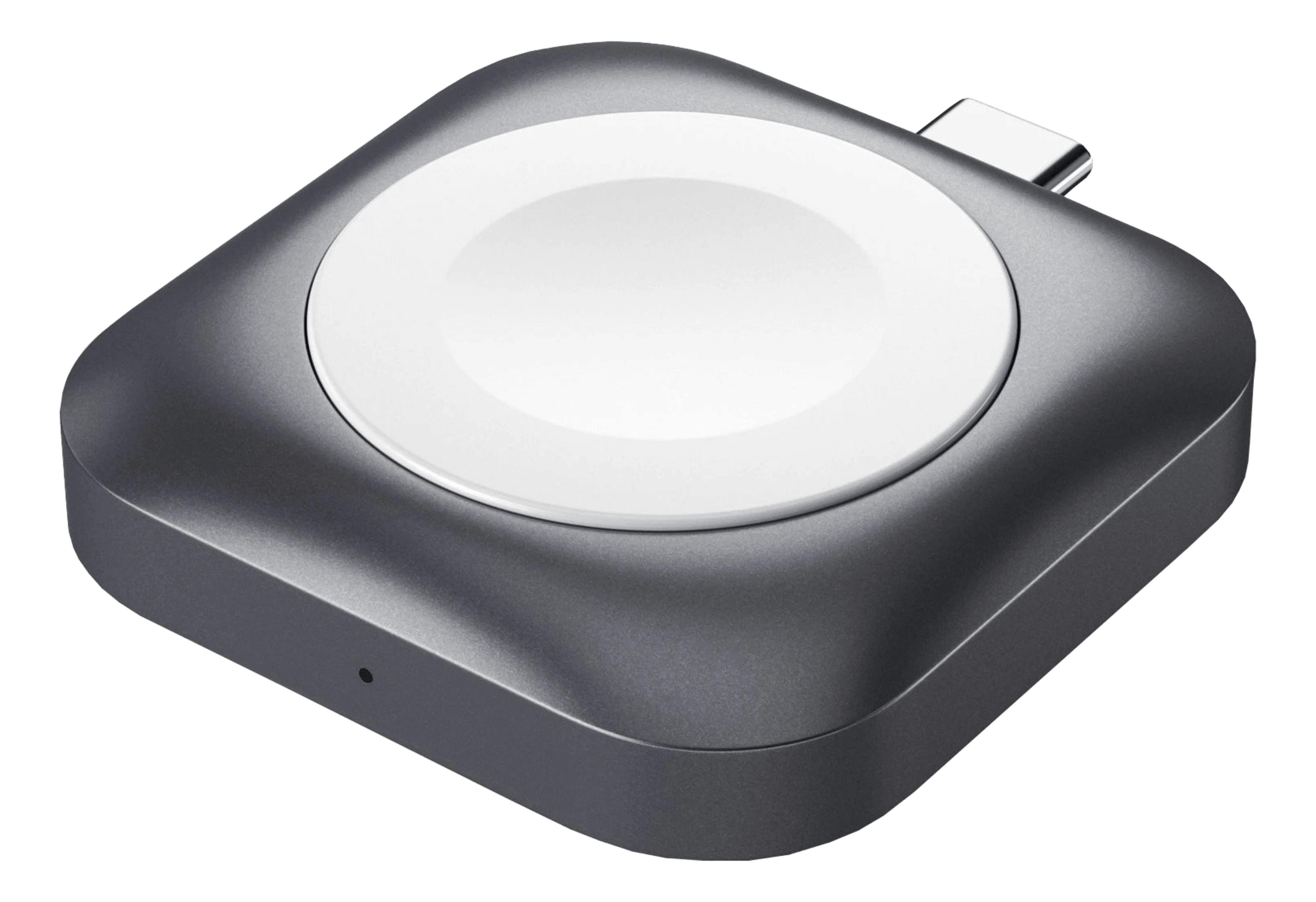 Szara ładowarka z białym polem ładującym i złączem USB-C.