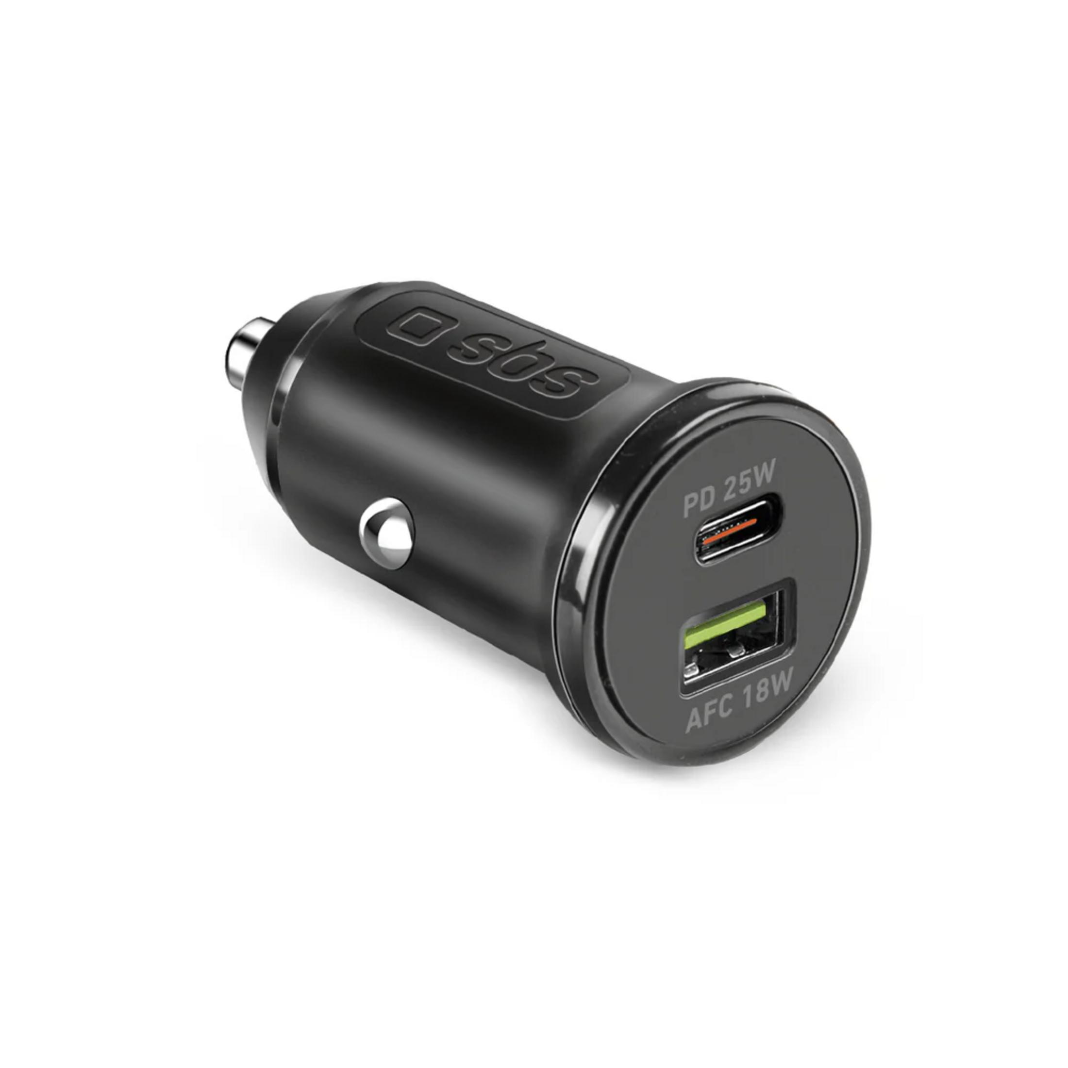Schwarzer Auto-Ladegerät mit zwei USB-Anschlüssen: PD 25W und AFC 18W.