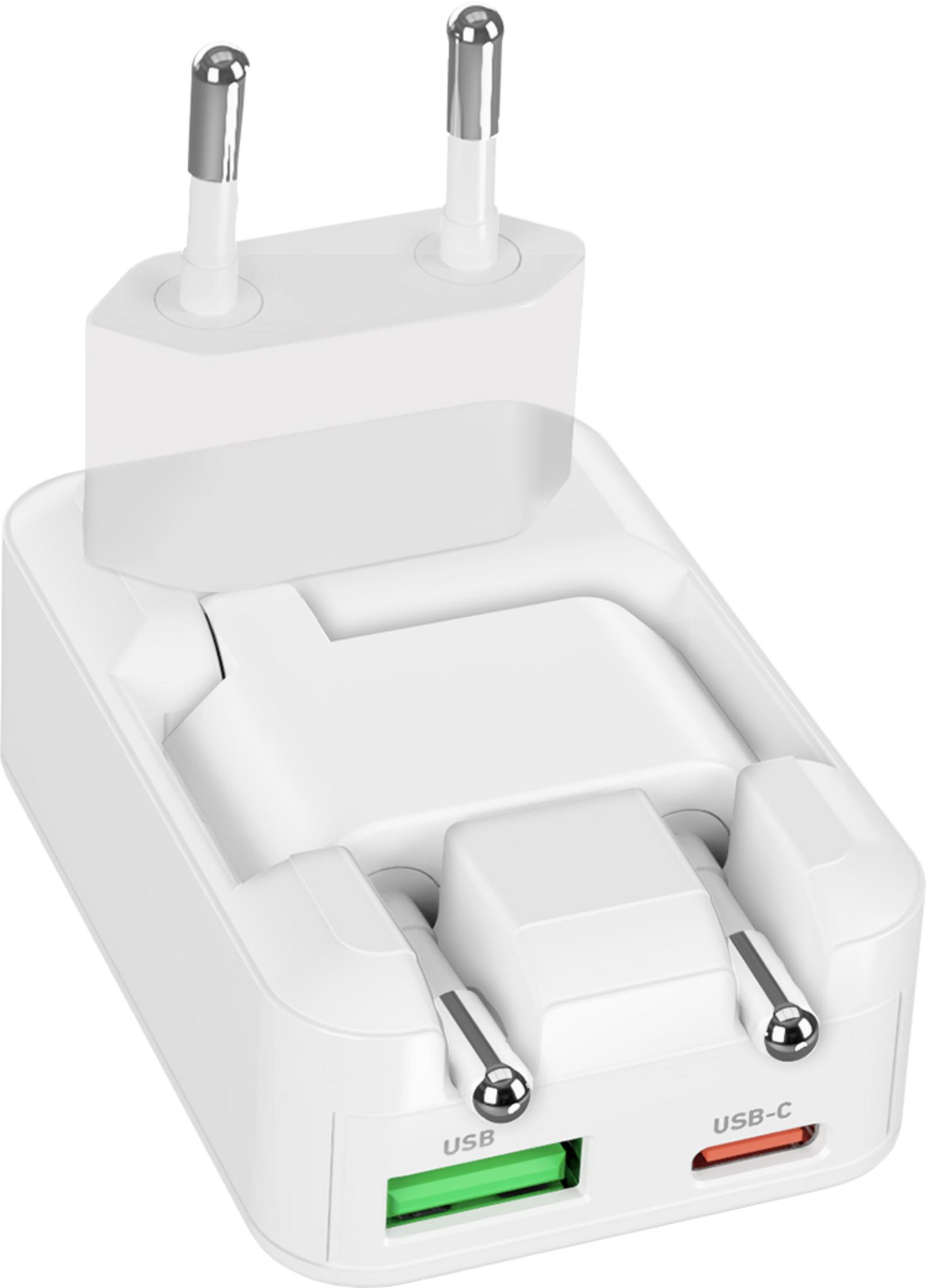 Ein weißer USB-C-Adapter mit einem USB-A- und einem USB-C-Anschluss.