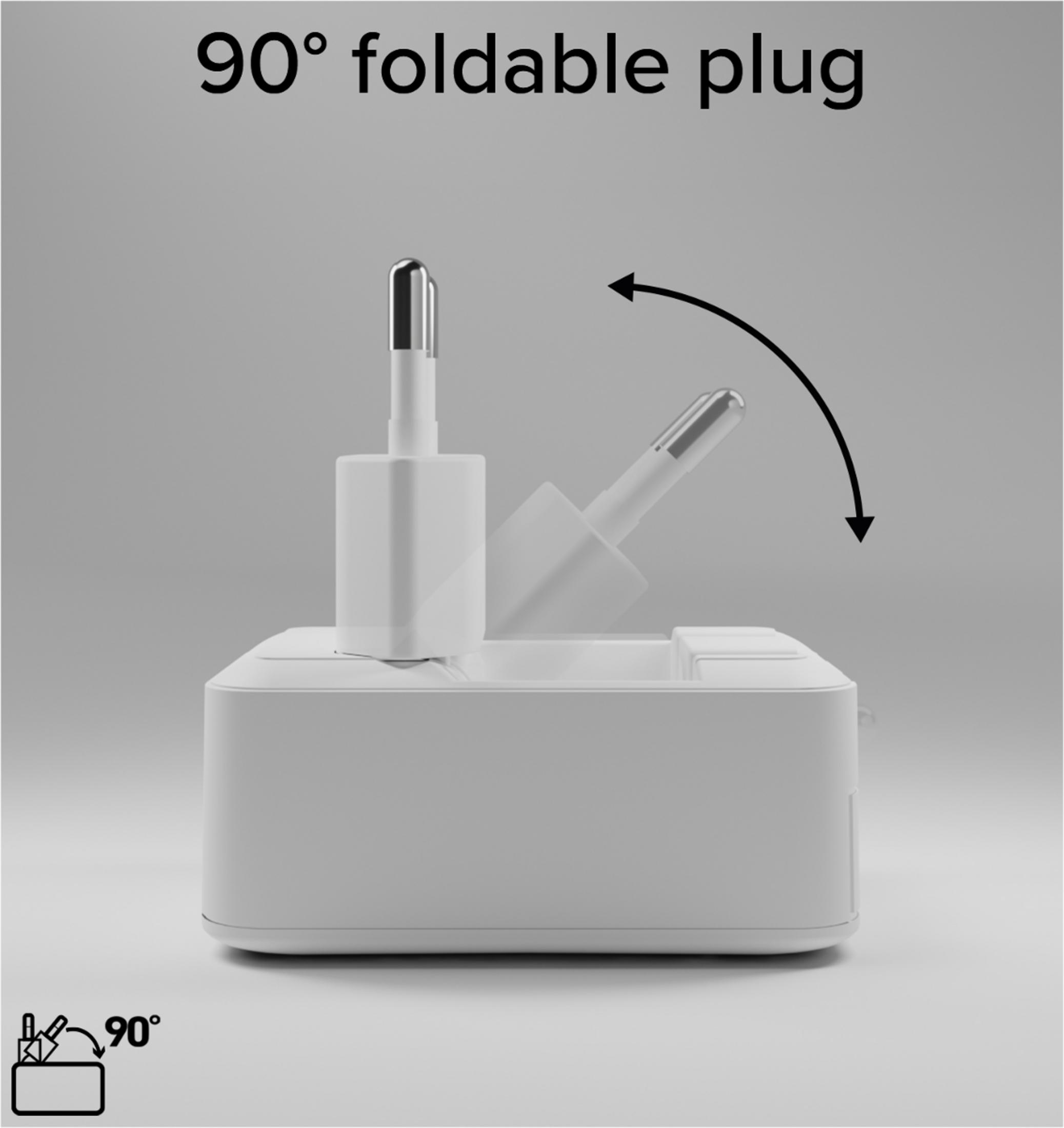 Ein weißer 90-Grad-Stecker, der sich einklappen lässt. Pfeil zeigt Winkel.