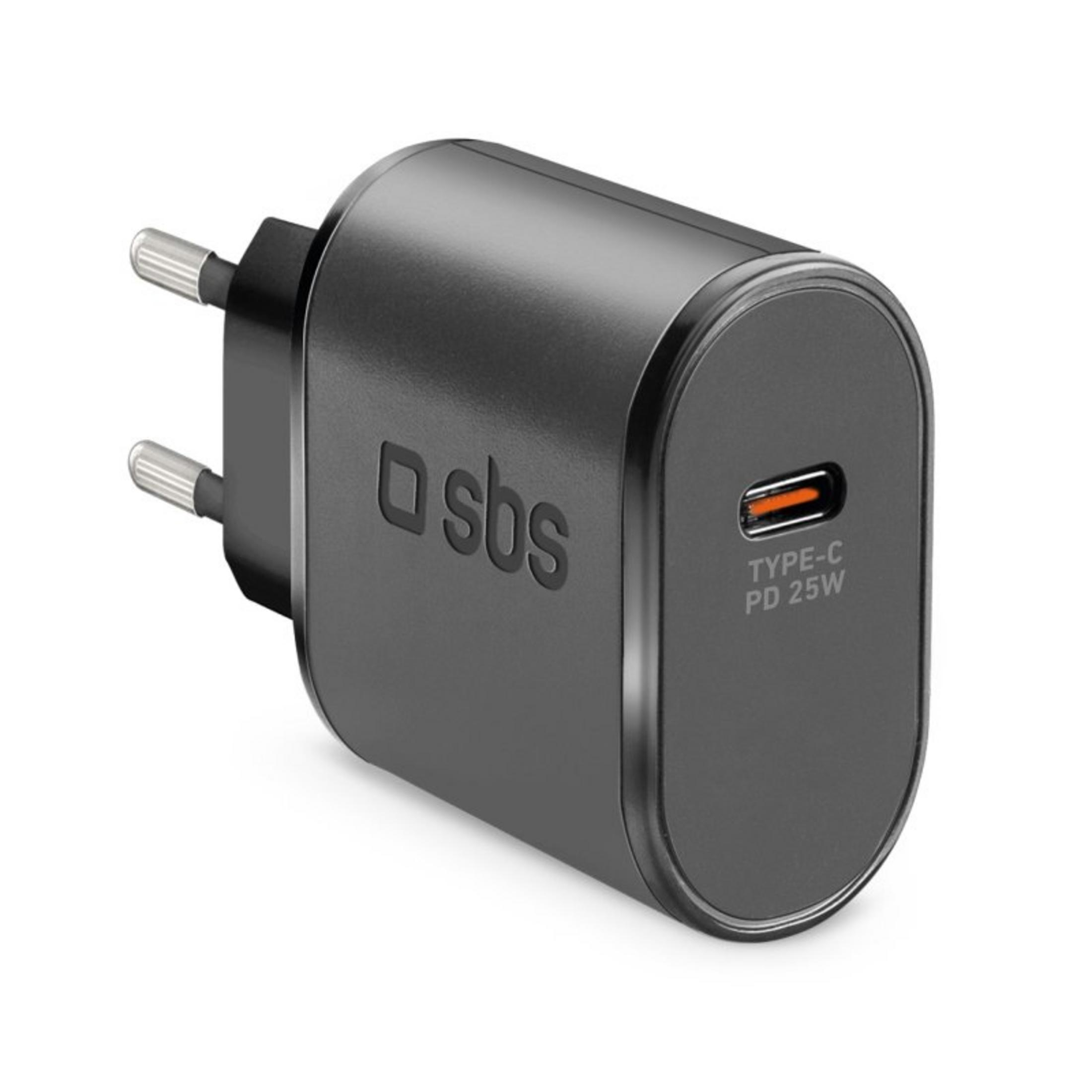 Czarny zasilacz z logo SBS i portem USB-C.