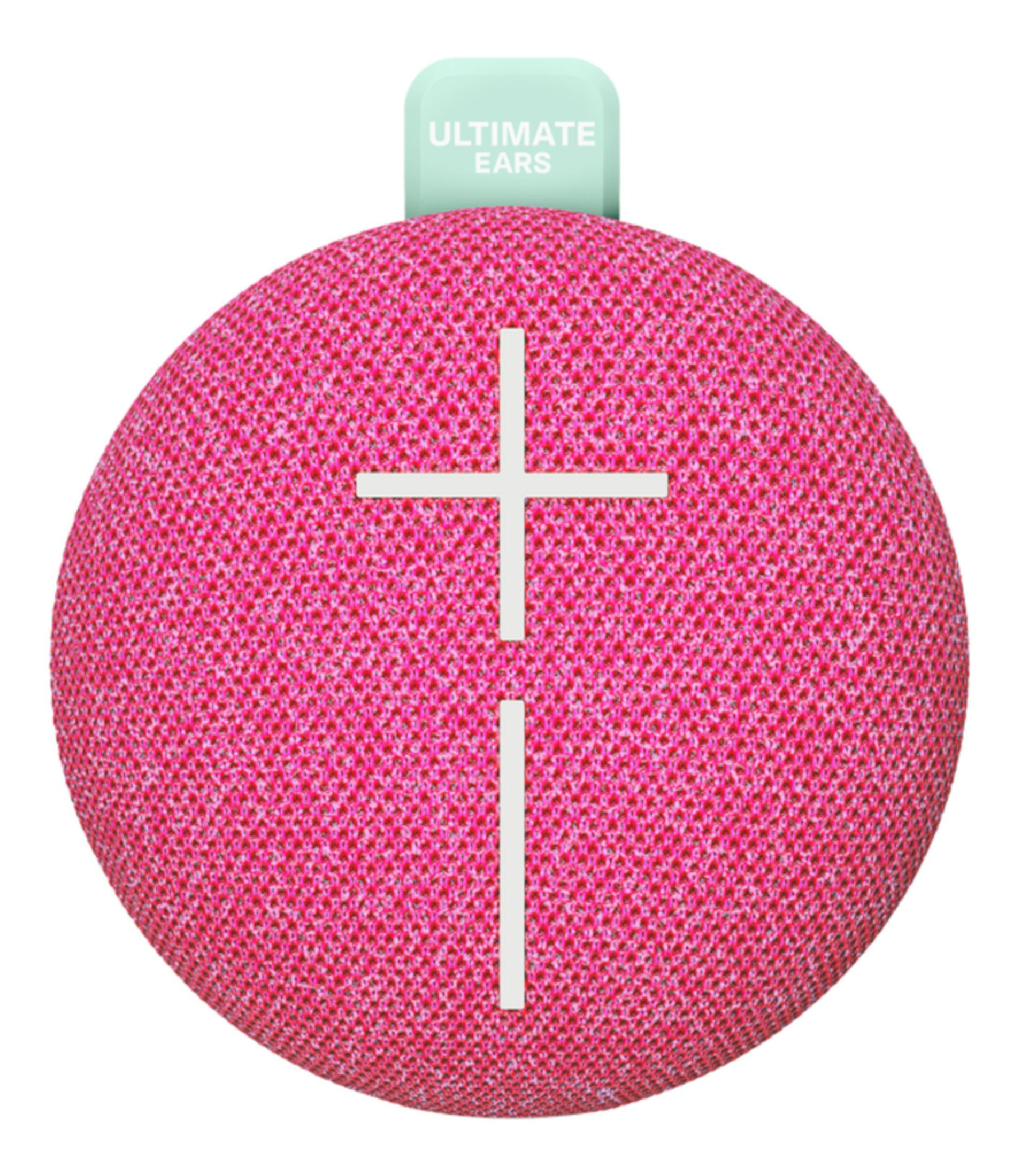 Różowy, okrągły głośnik z białymi symbolami plus i minus oraz miętowo-zielonym paskiem.
