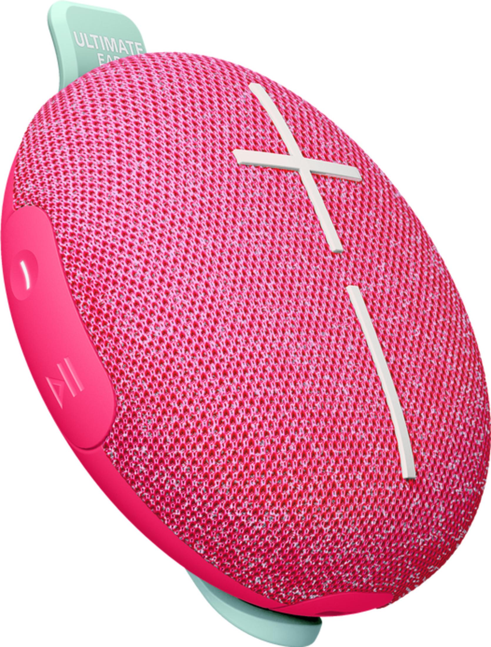 Różowy głośnik z białymi symbolami plus i minus oraz miętowo-zieloną pętlą.