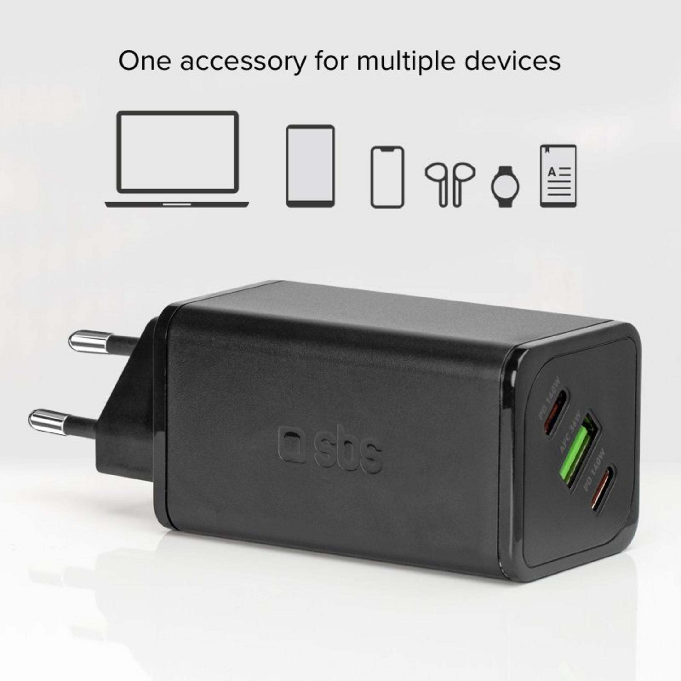 Caricatore nero multiport con icone per laptop, tablet, telefono, auricolari.