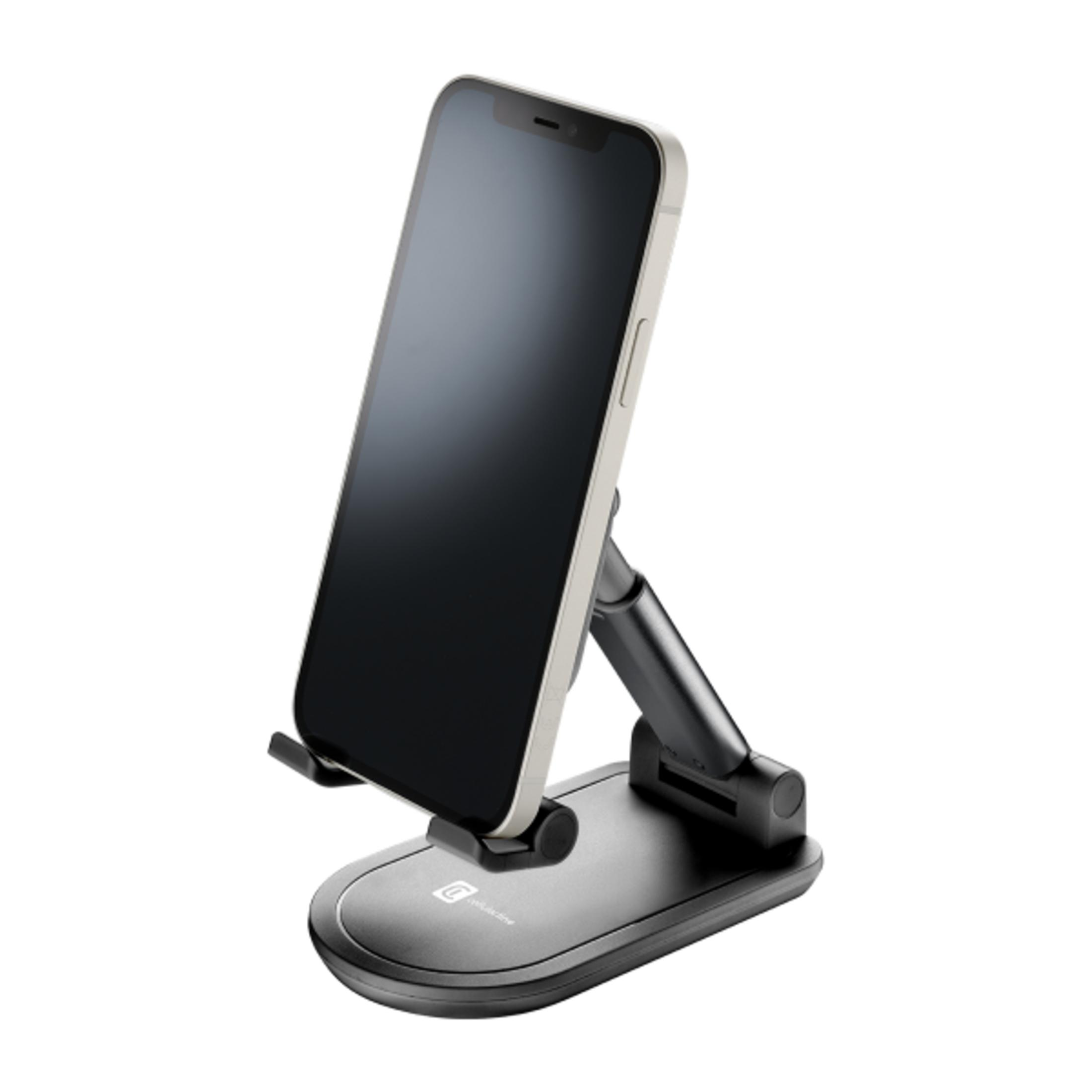 Un smartphone en un soporte negro ajustable sobre fondo blanco.