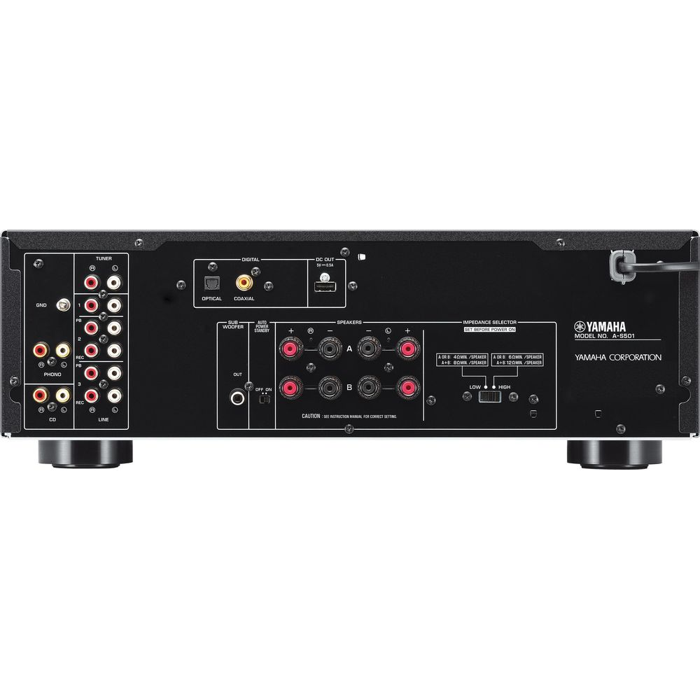 Yamaha A-S501 amfifikatörünün arkası, tuner, CD, phono ve hoparlör bağlantılarını gösteriyor.