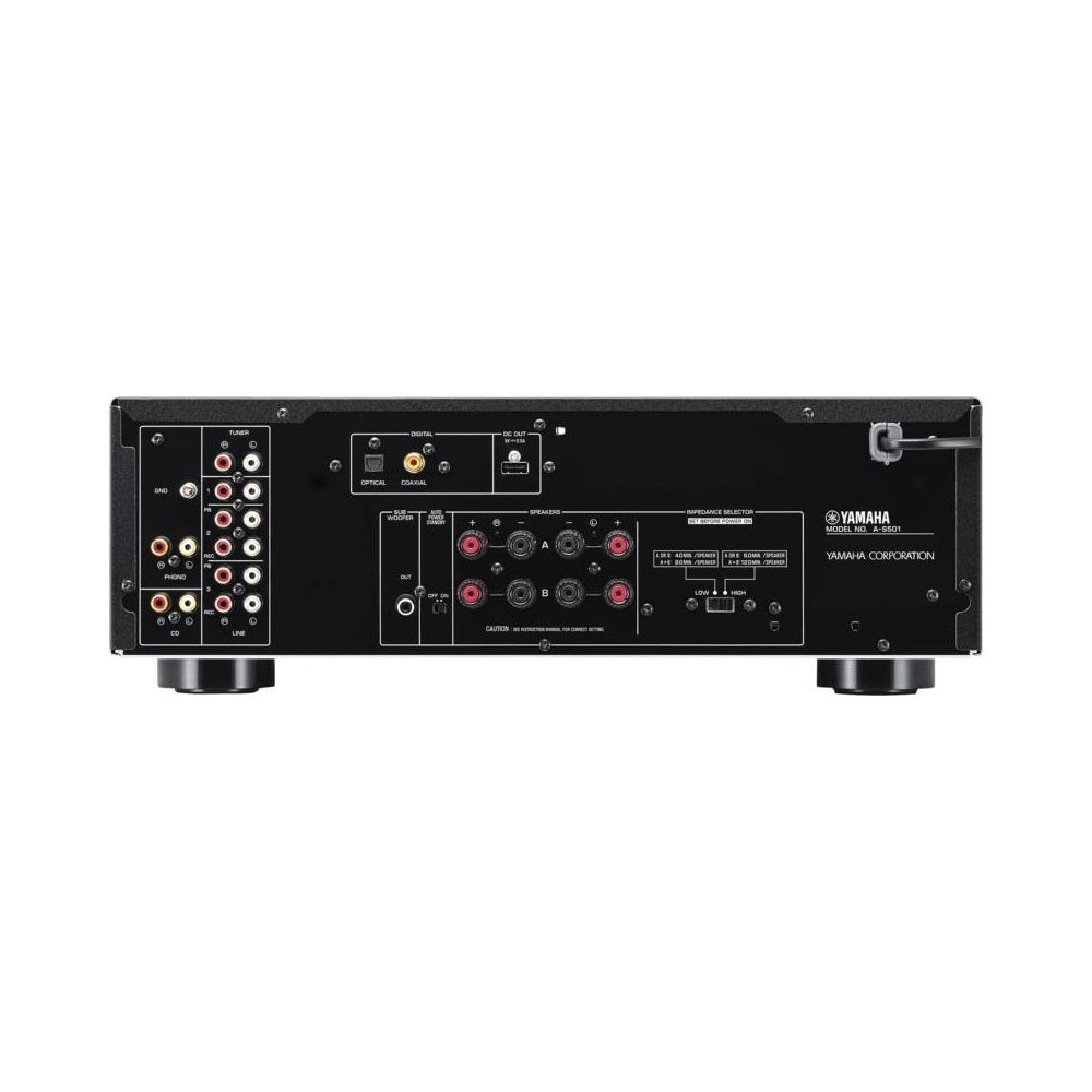 Çok sayıda bağlantısı olan siyah Yamaha A-S501 amplifikatörün arka görünümü.