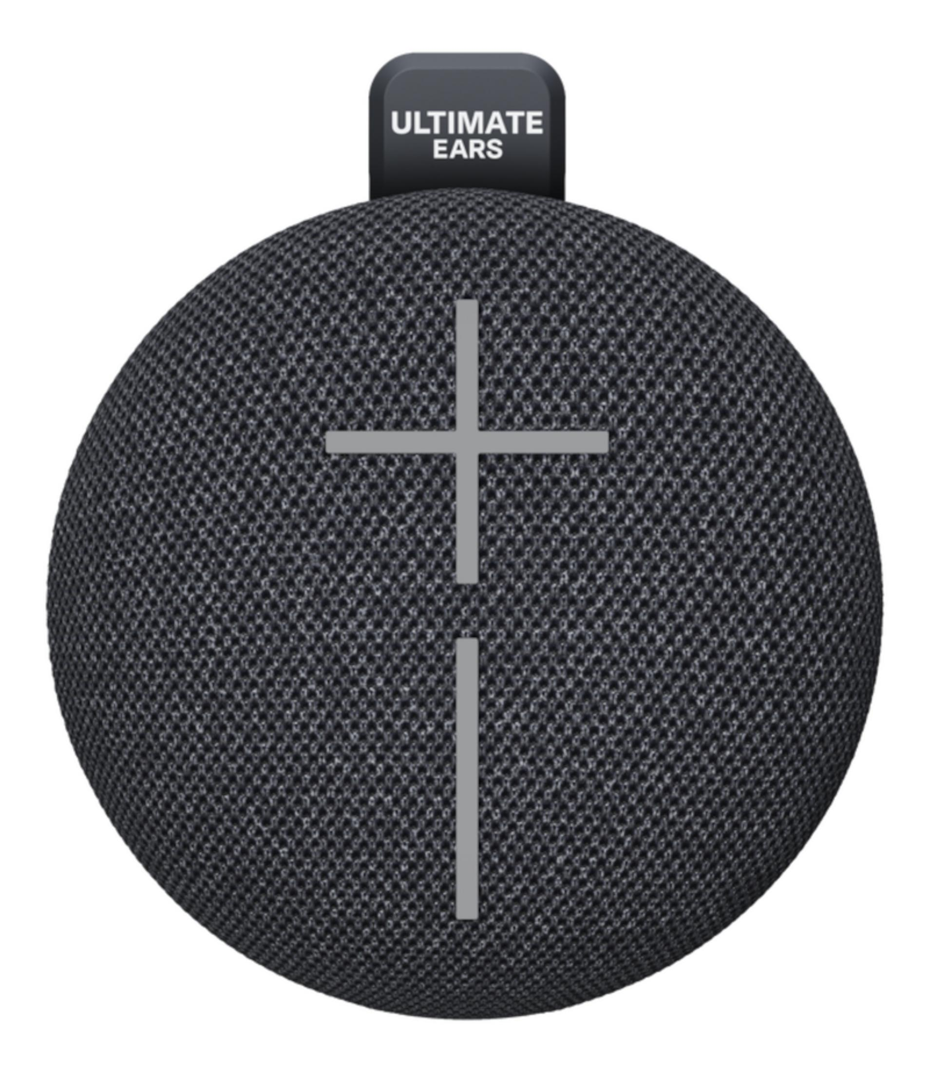 Ciemny, okrągły głośnik Ultimate Ears ze znakiem plus.