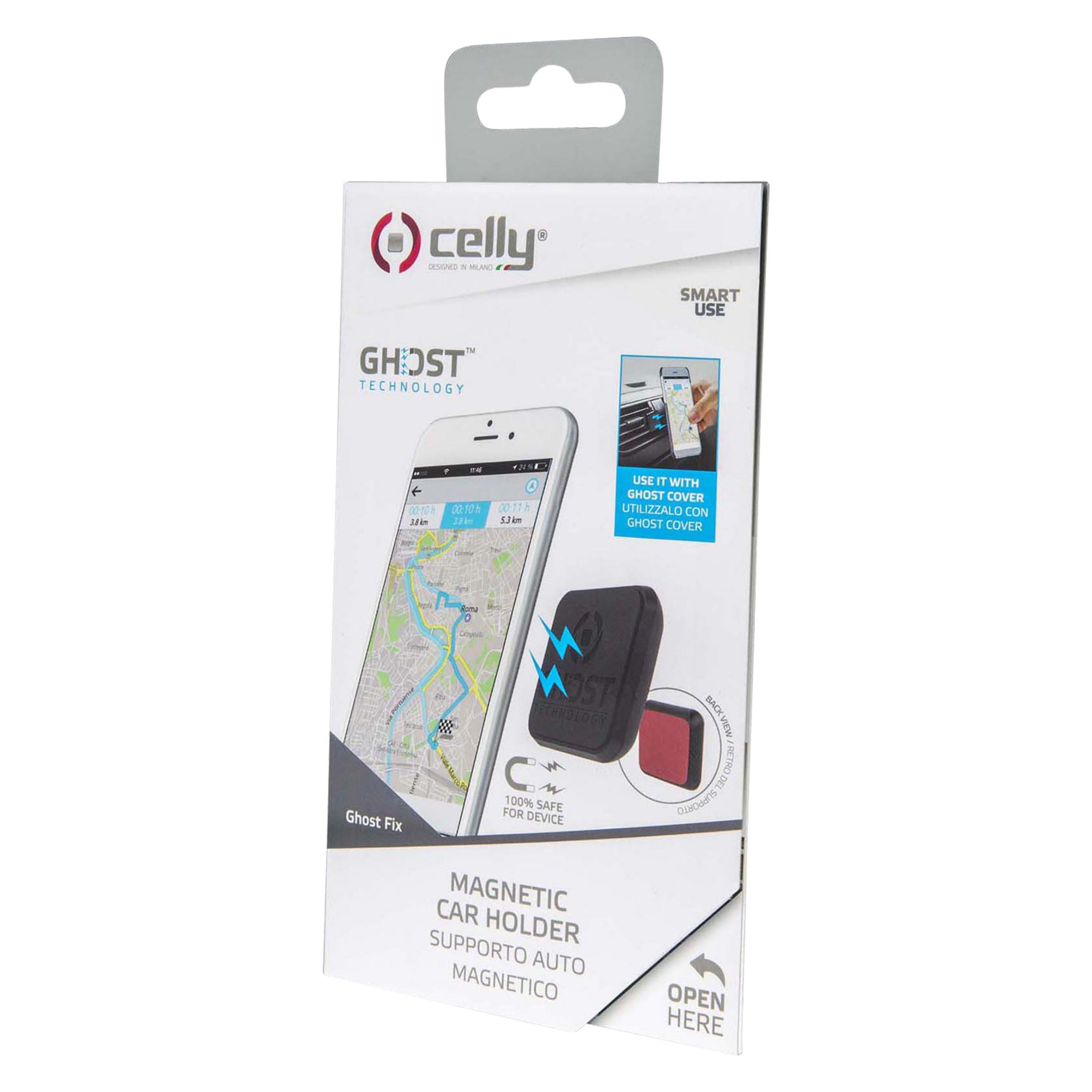Embalaje del soporte magnético Celly Ghost Fix para coche mostrando pantalla de app de navegación.