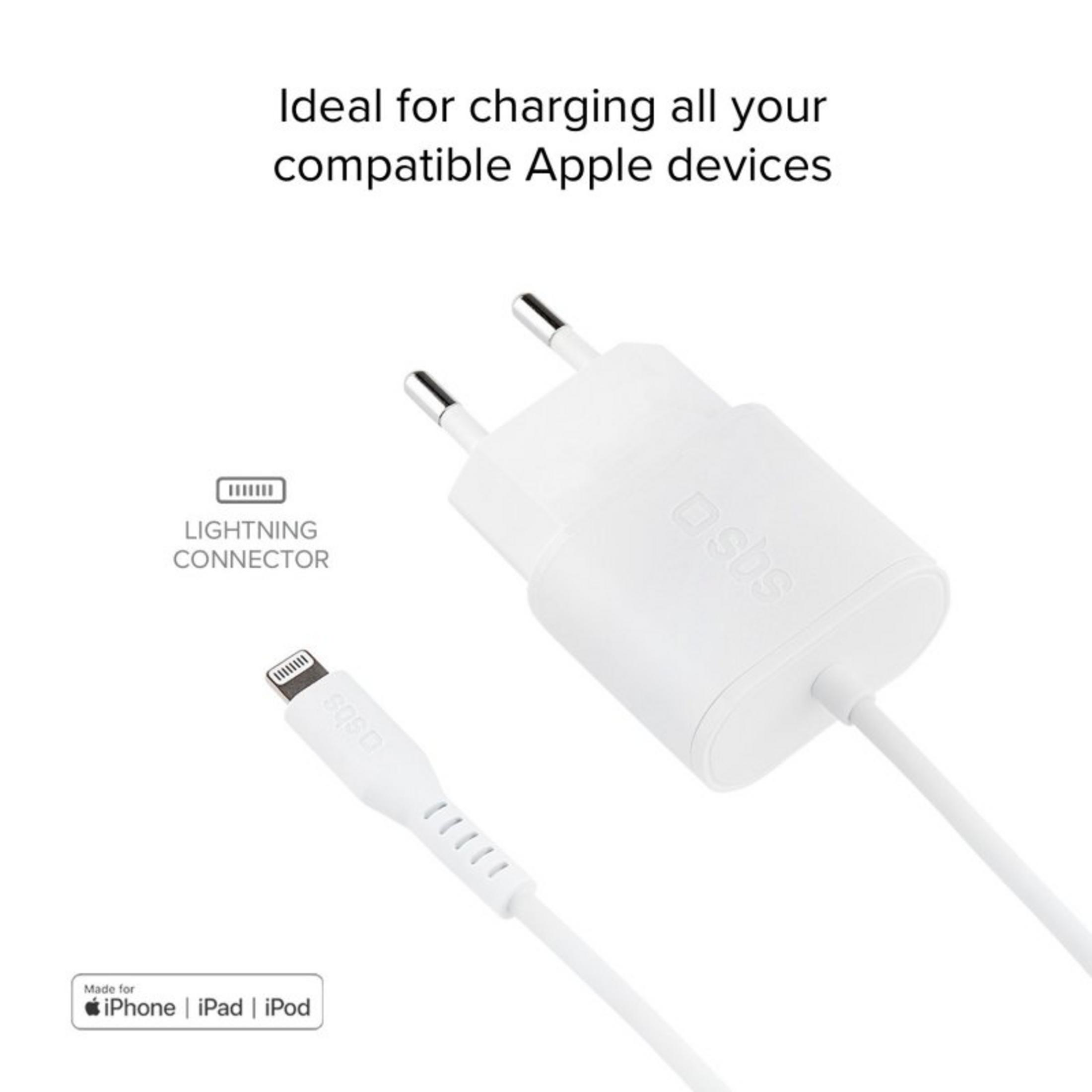 Un connettore Lightning Apple bianco e un adattatore di corrente.