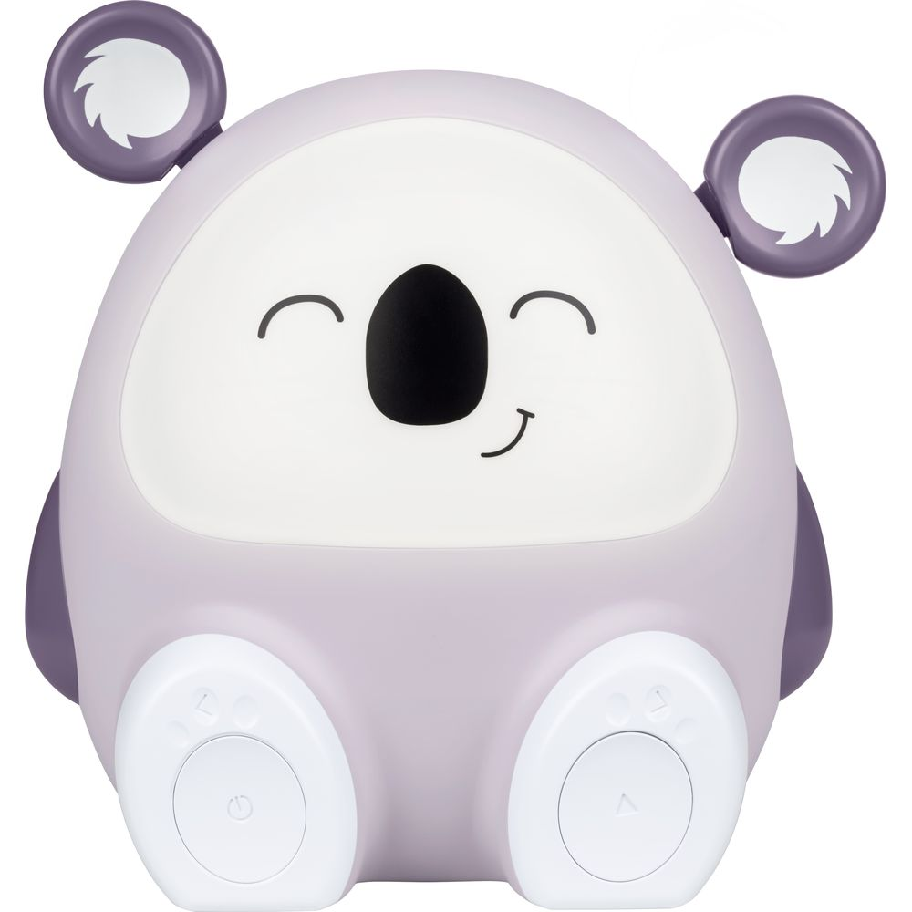 Fioletowa lampka nocna koala z białym przodem i detalami przycisków.