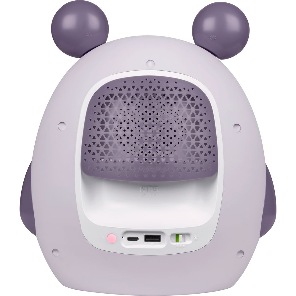 Tył fioletowego głośnika w kształcie misia z portami USB i przełącznikami.