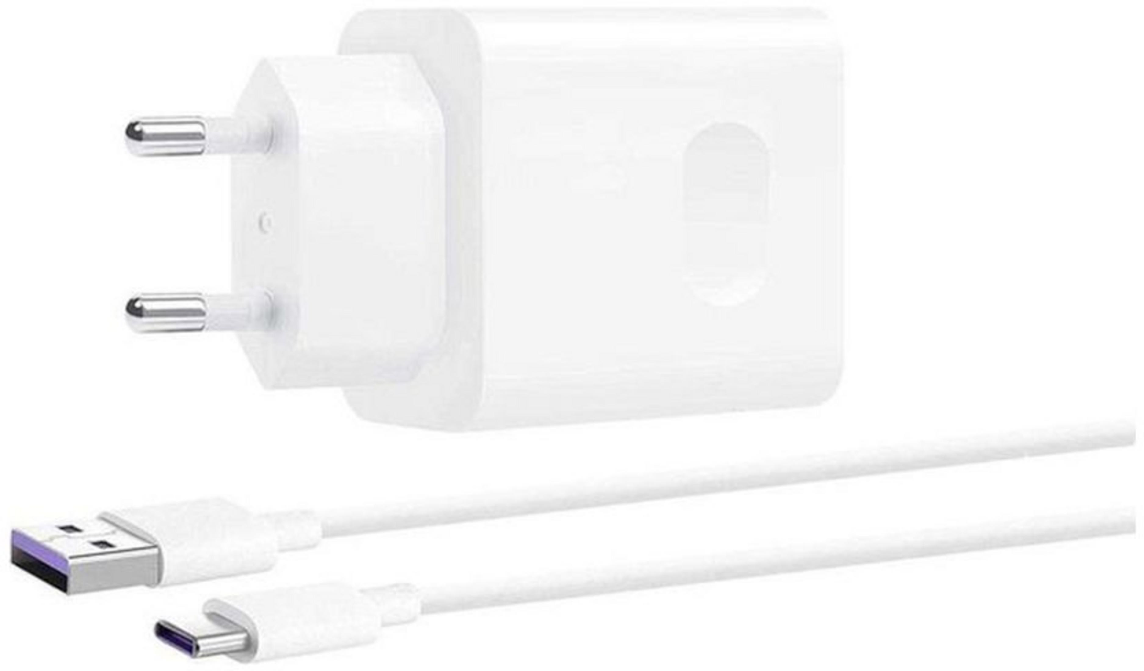 Biała kostka zasilacza i kabel USB-C na białym tle.