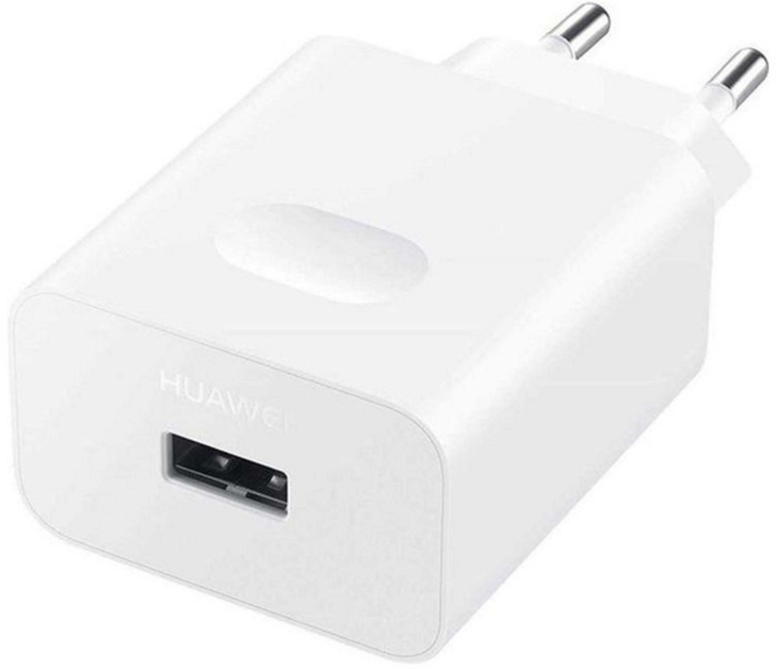 Biały zasilacz Huawei z portem USB i dwoma metalowymi bolcami.