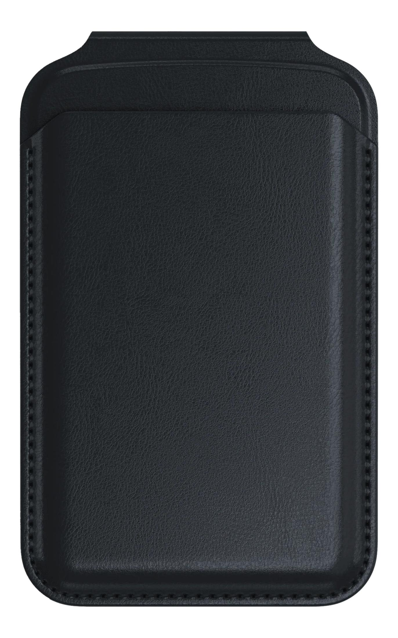 Custodia nera in pelle con cuciture, per carte o telefono.