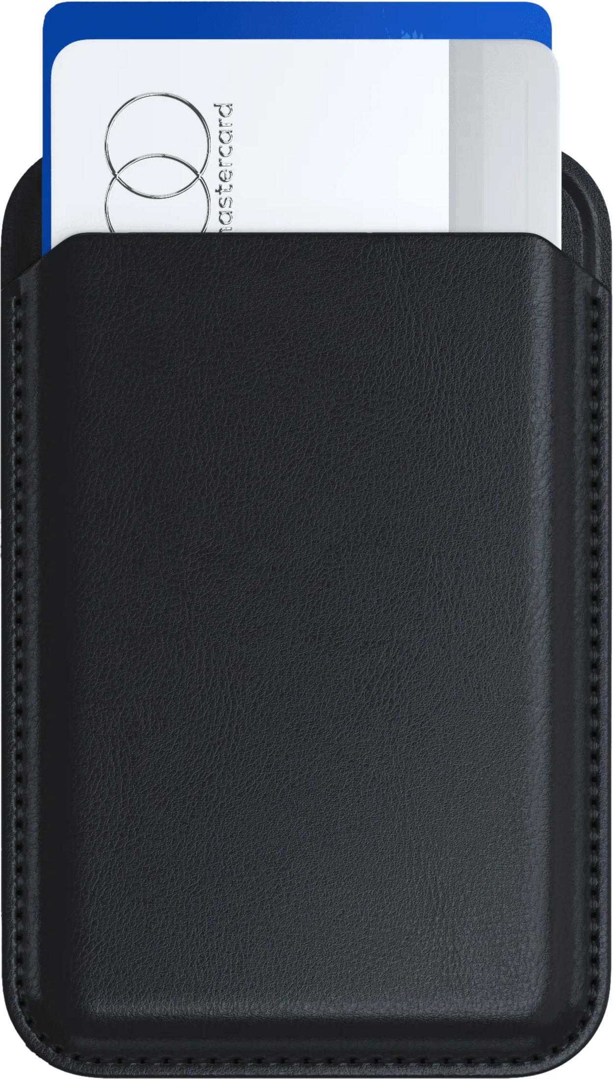 Un porta carte in pelle nera con una Mastercard.